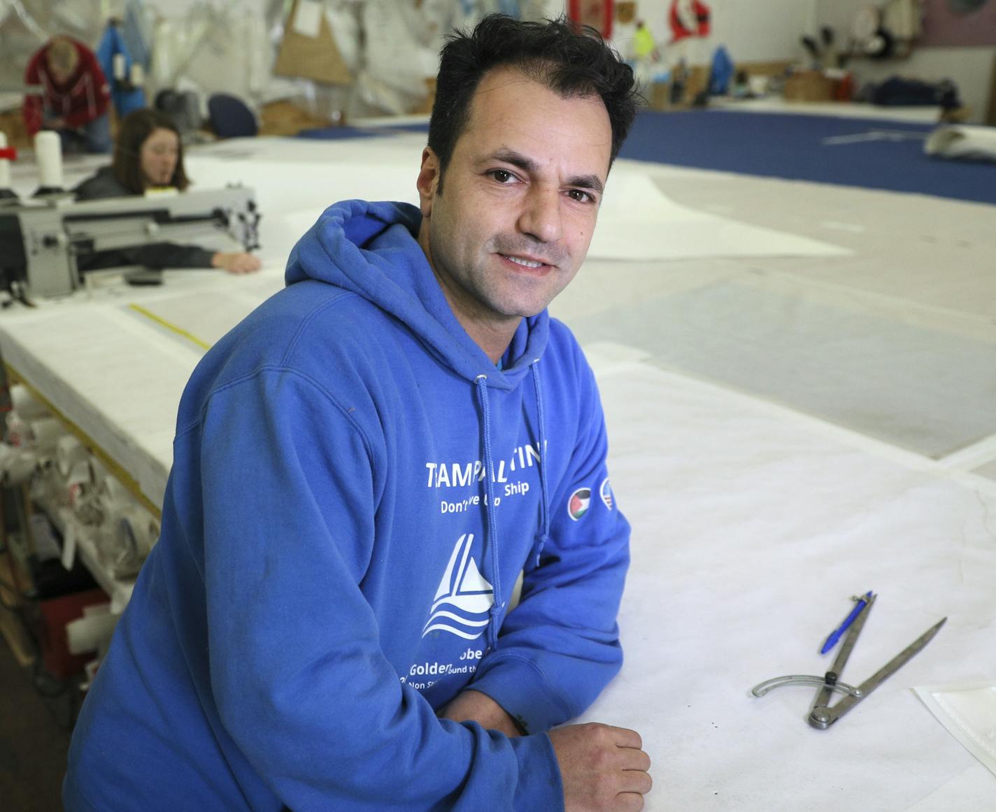 MN native Nabil Amra is preparing to sail around the world solo during this summer's 50th anniversary of the Golden Globe Race. Here, Amra stopped in to Sailcrafters in St. Louis Park to check on work being done on his sails.
BRIAN PETERSON &#xef; brian.peterson@startribune.com
St. Louis Park, MN 03/27/18