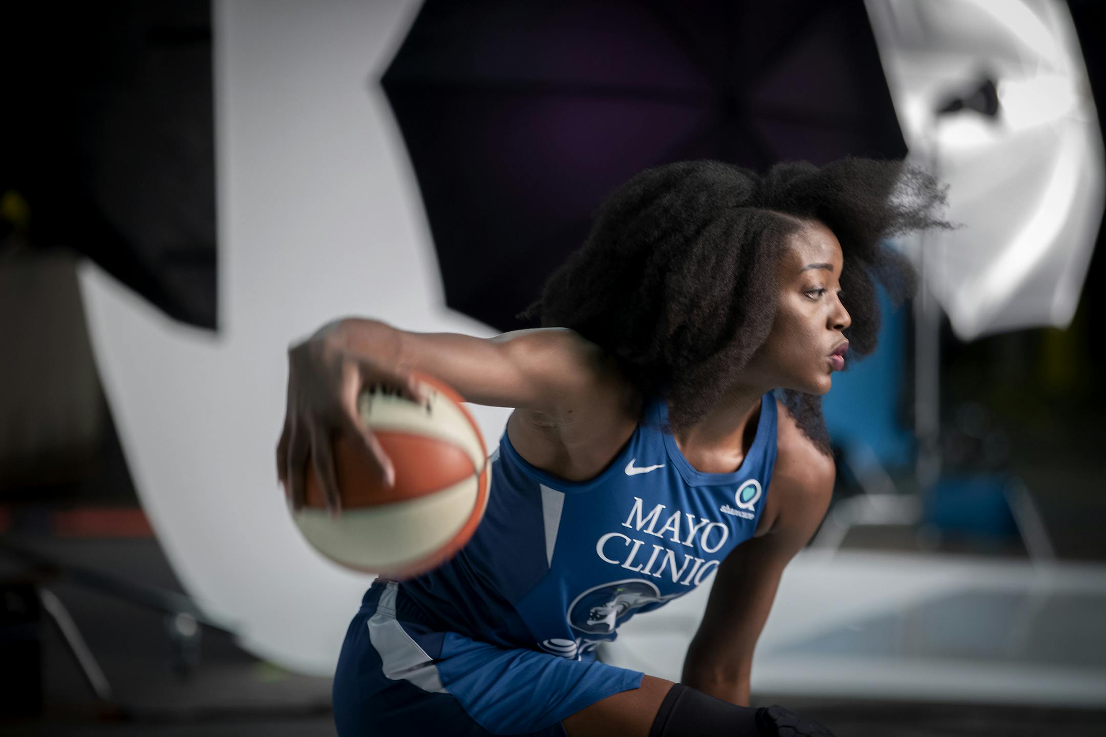Minnesota Lynx forward Temi Fagbenle broke a sweat as she dribbled the ball for a photo shoot during Media day at the Target Center, Thursday, May 16, 2019 in Minneapolis, MN. ] ELIZABETH FLORES &#x2022; liz.flores@startribune.com 20056900A ORG XMIT: MIN1905161633336820