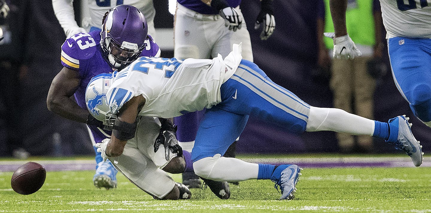 Vikings running back Dalvin Cook fumbled as he was hit by Lions safety Tavon Wilson in the third quarter. Worse news: Cook injured his left knee on the play.