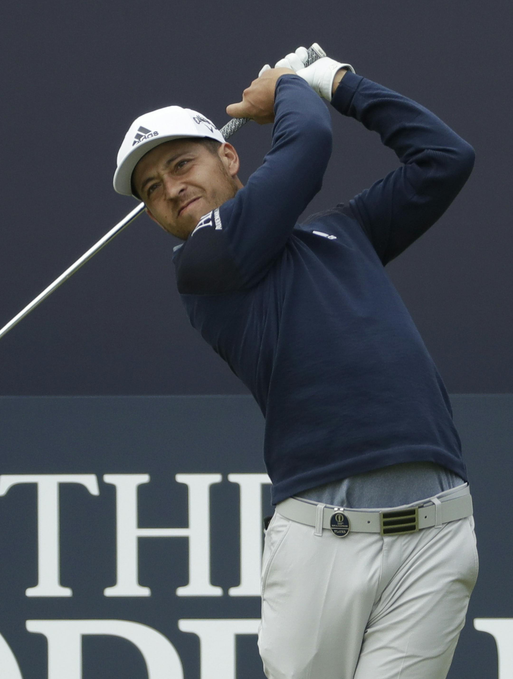 Xander Schauffele of the United States play his tee shot off the 1st during the third round of the British Open Golf Championships at Royal Portrush in Northern Ireland, Saturday, July 20, 2019.(AP Photo/Matt Dunham)