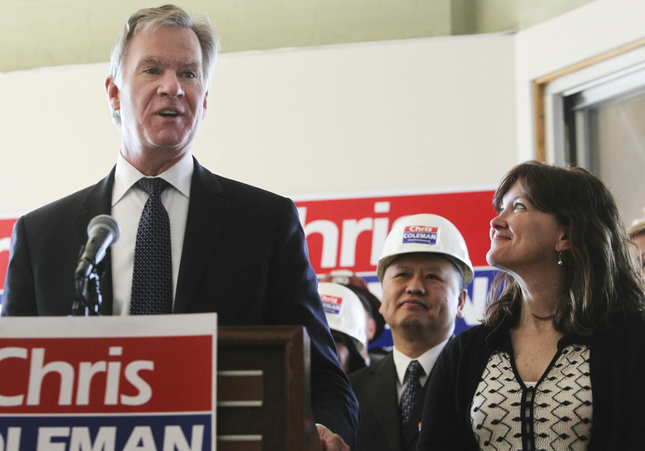 With his wife Connie by his side, St. Paul mayor Chris Coleman announced he would seek a third term as mayor of St. Paul Wednesday, April 3, 2013, in St. Paul, MN.](DAVID JOLES/STARTRIBUNE) djoles@startribune.com St. Paul mayor Chris Coleman announced he would seek a third term as mayor of St. Paul during a press conference at the Pioneer Endicott building, currently being renovated, Wednesday, April 3, 2013, in St. Paul, MN.
