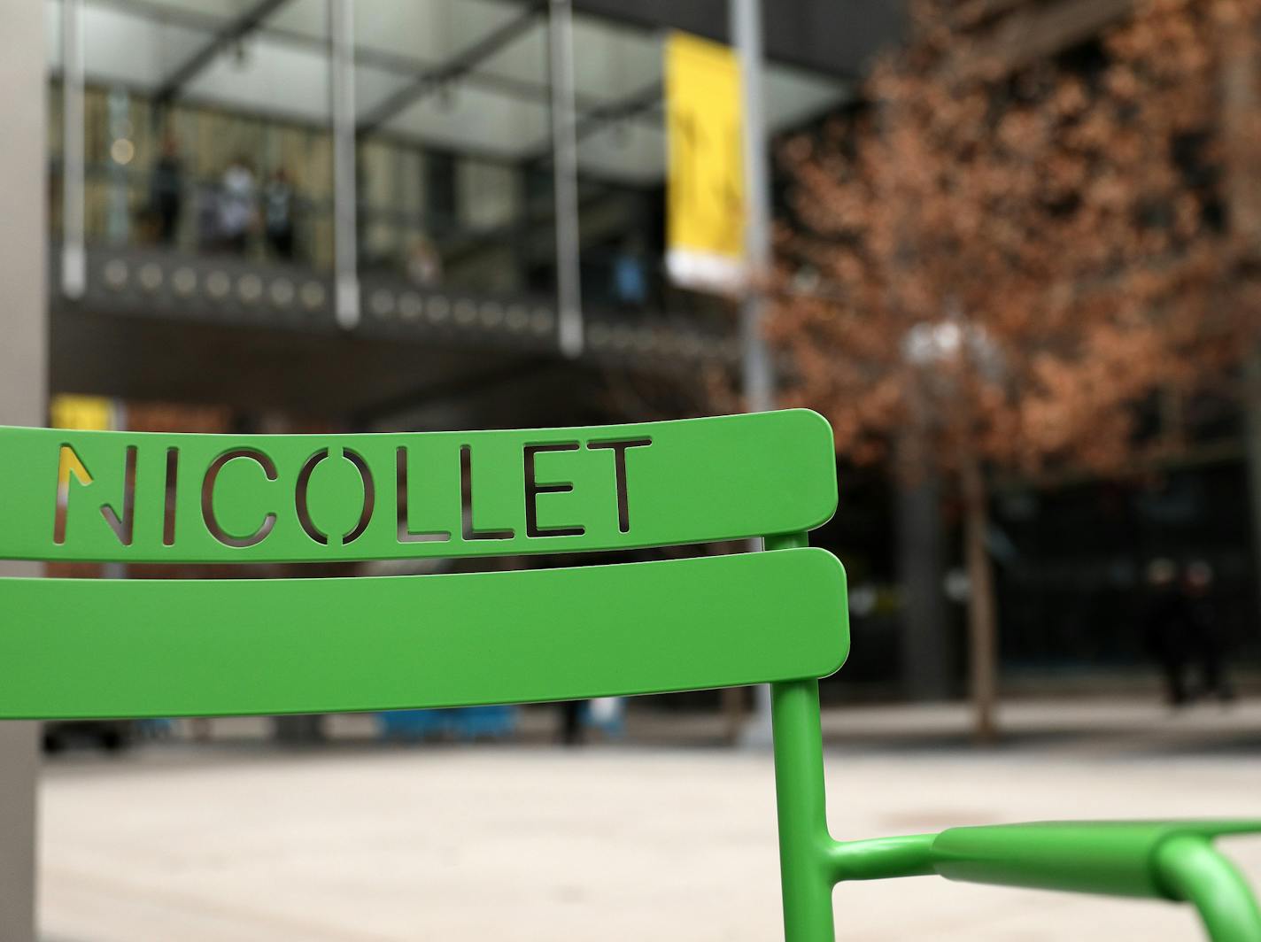 Chairs scribed with Nicollet sat out following a dedication ceremony to mark the opening of the newly renovated Nicollet Mall Thursday. ] ANTHONY SOUFFLE &#xef; anthony.souffle@startribune.com Mayor Betsy Hodges, Steve Cramer and others spoke during a ceremony to mark the reopening of Nicollet Mall Thursday, Nov. 16, 2017 in downtown Minneapolis.