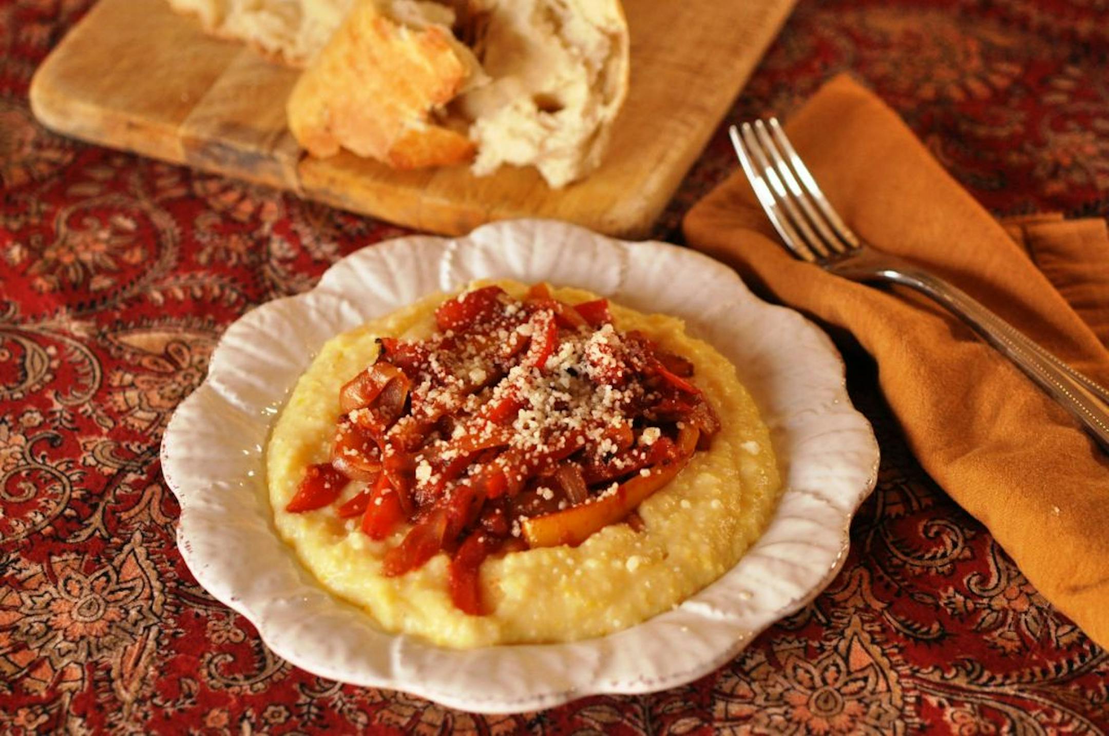 Polenta with Sauteed Peppers and Tomato Sauce.