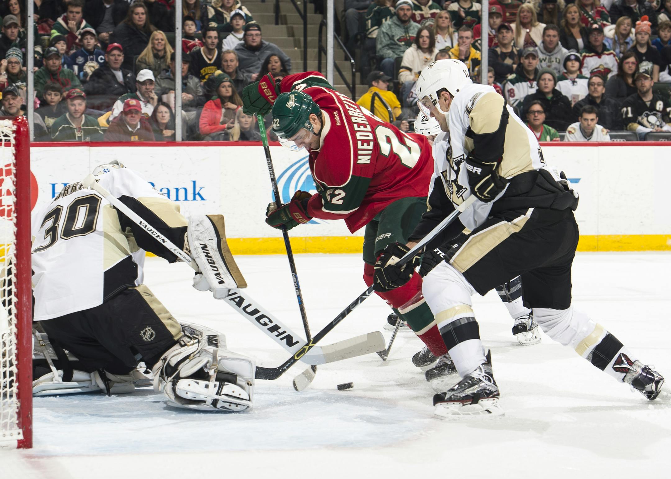 Minnesota Wild right wing Nino Niederreiter (22) was unable to score on Pittsburgh Penguins goalie Matt Murray (30) during a Minnesota power play in the second period. ] (AARON LAVINSKY/STAR TRIBUNE) aaron.lavinsky@startribune.com The Minnesota Wild played the Pittsburgh Penguins on Saturday, Dec. 26, 2015 at Xcel Energy Center in St. Paul, Minn.
