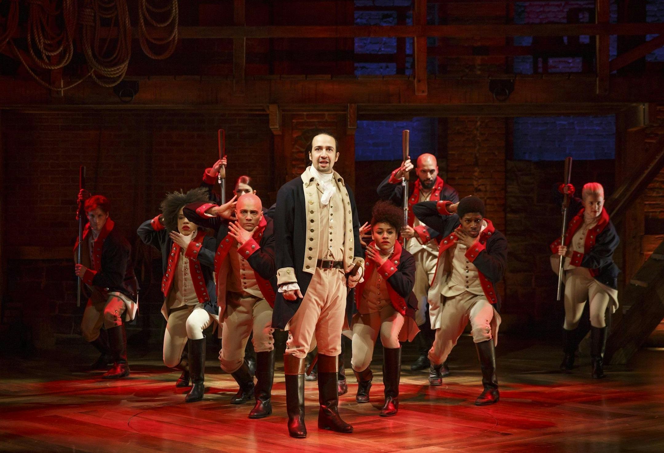 Lin-Manuel Miranda, center, is the creator, composer and original title character in the hit musical 'Hamilton,' shown here in the 'Yorktown' scene in the original Broadway production. Video of that production will be released as a Disney movie. ORG XMIT: 1682352