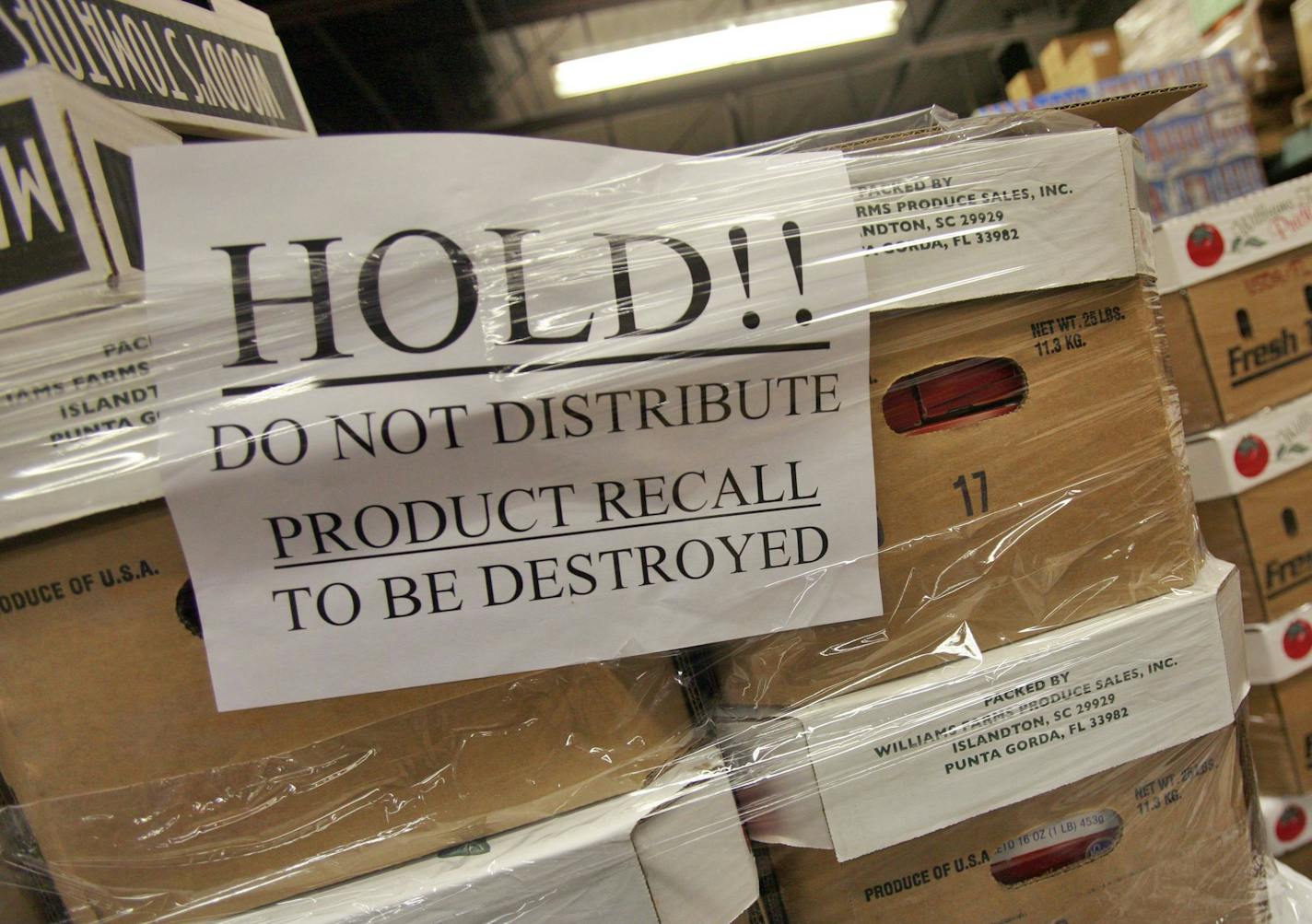 Ten skids of loose peanut butter crackers wait to go to the land fill Saturday Feb. 7, 2009 as Gleaners Food Bank destroys products containing peanut butter as part of the nation wide recall of foods containing Salmonella tainted products from Peanut Corp. of America . (AP Photo/The Indianapolis Star,Michelle Pemberton)