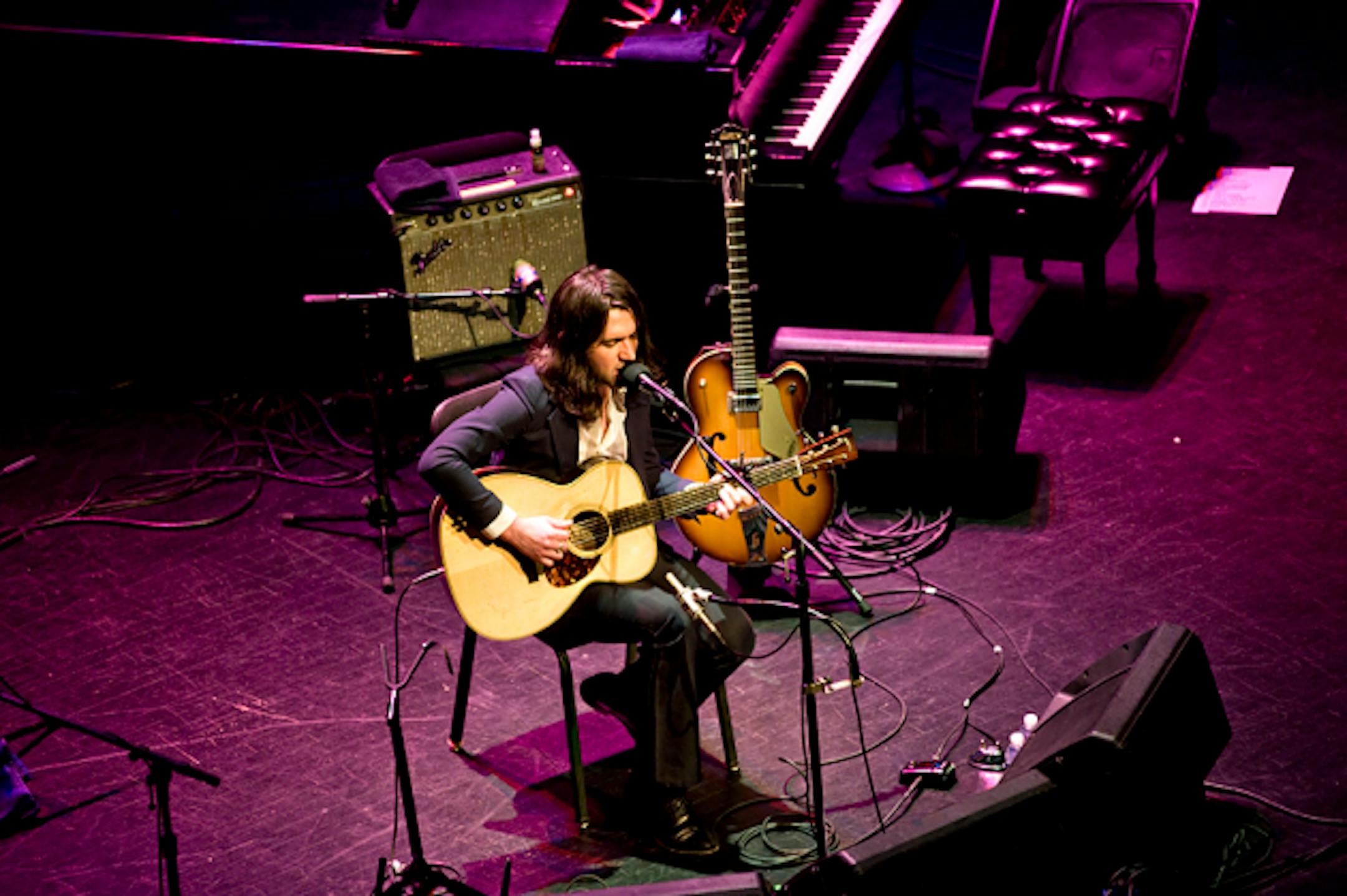 Conor Oberst started out solo at Thursday's Fitzgerald Theater concert. / Photo by Leslie Plesser