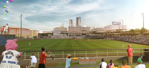 A rendering of the outfield view of the new Lowertown Ballpark, with the St. Paul skyline as the backdrop.