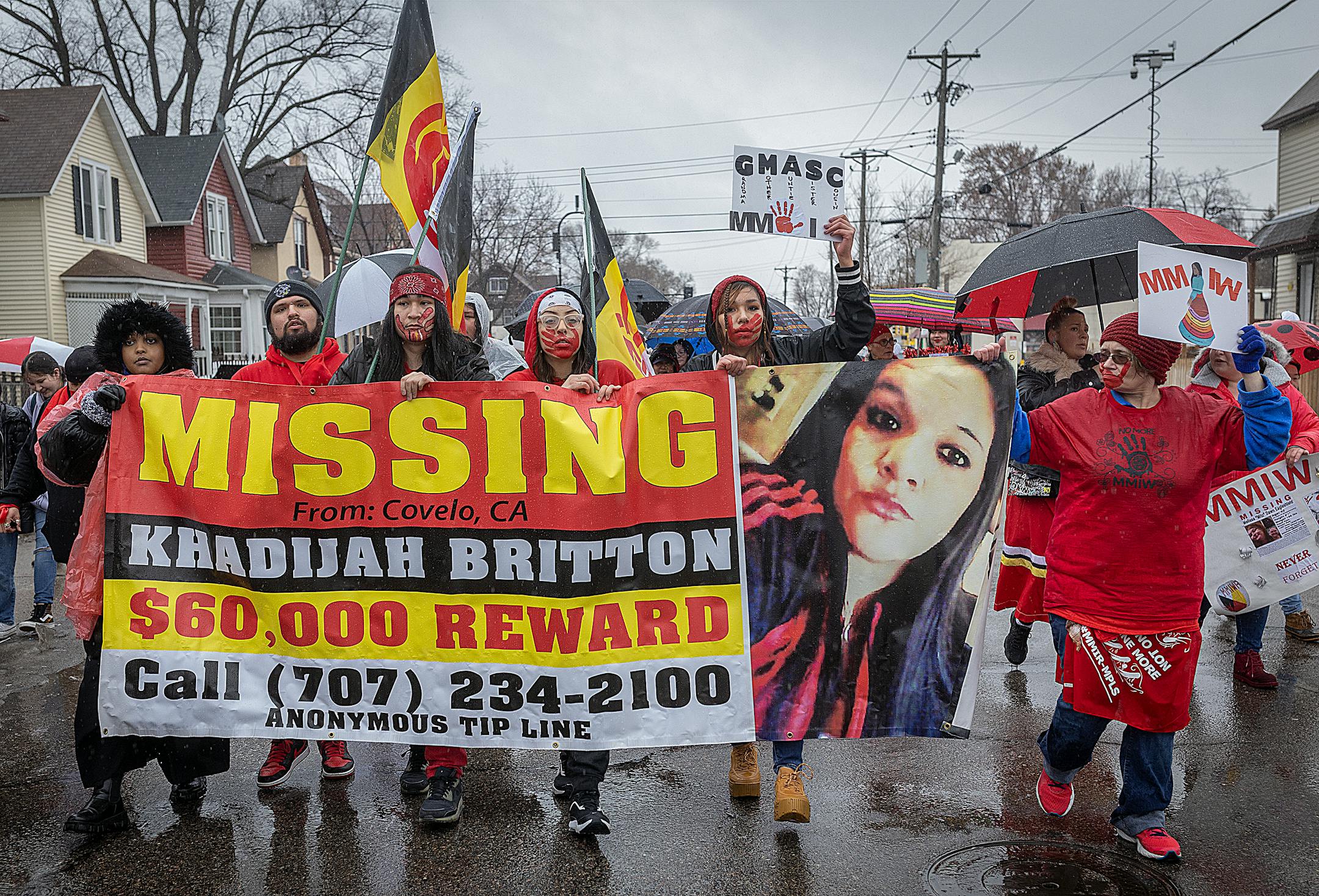 Hundreds march down Cedar Avenue near Little Earth during the annual Missing and Murdered Indigenous Women's rally and march at the East Phillips Park Cultural & Community Center, in Minneapolis, Minn., on Tuesday, Feb. 14, 2023.  Minnesota's movement to solve the cases of hundreds of missing and murdered Indigenous women and girls hit a milestone last year with the opening of a first-in-the-nation office tasked with systemically trying to fix the problem. Minnesota's Native women legislators reflected on where the movement goes from here during the annual Missing and Murdered Indigenous Women's march in Minneapolis.   ] Elizabeth Flores • liz.flores@startribune.com