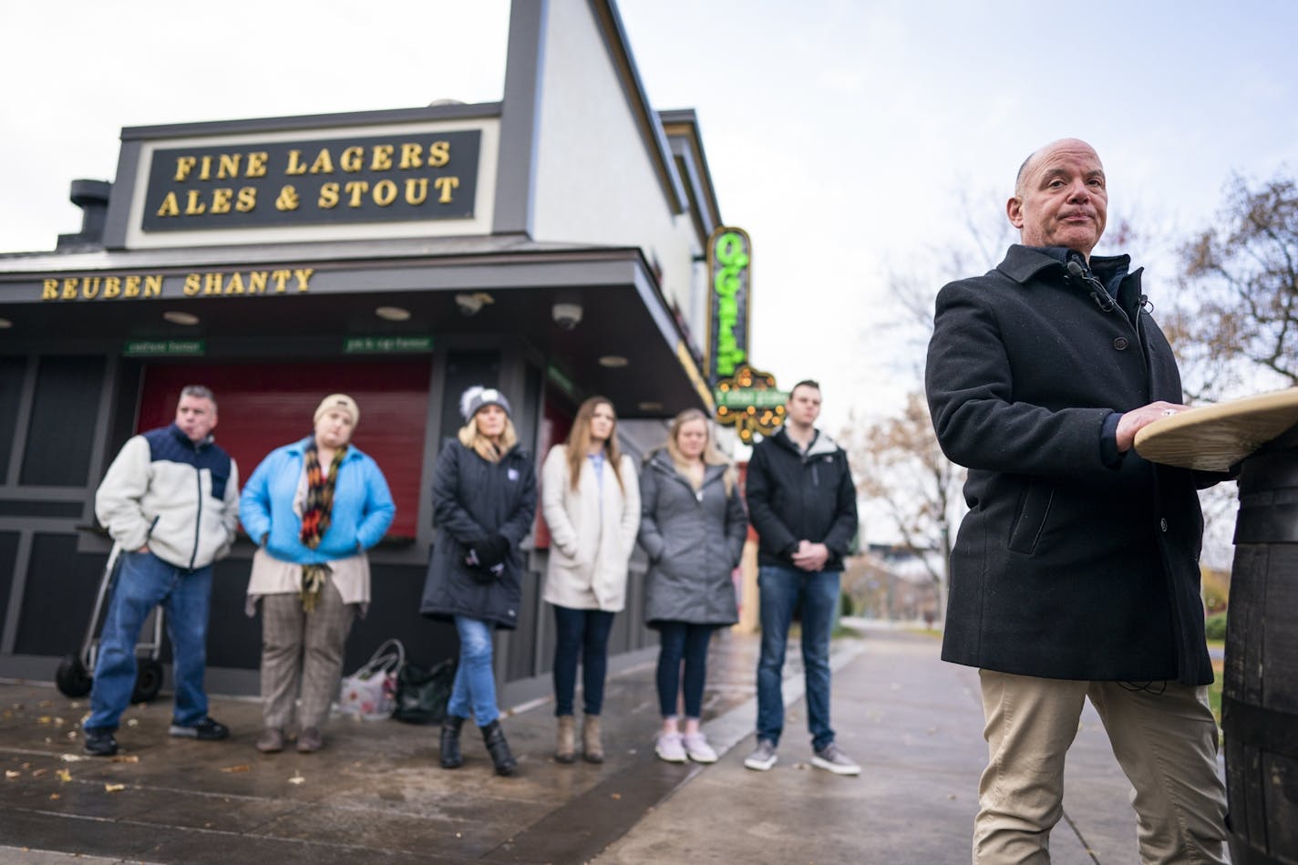 Dan O'Gara, owner of St. Paul's O'Gara's Bar & Grill, held a press conference at O'Gara's State Fair location in Falcon Heights to talk about his decision to not reopen the original O'Gara's location with his family and some former employees standing behind him.