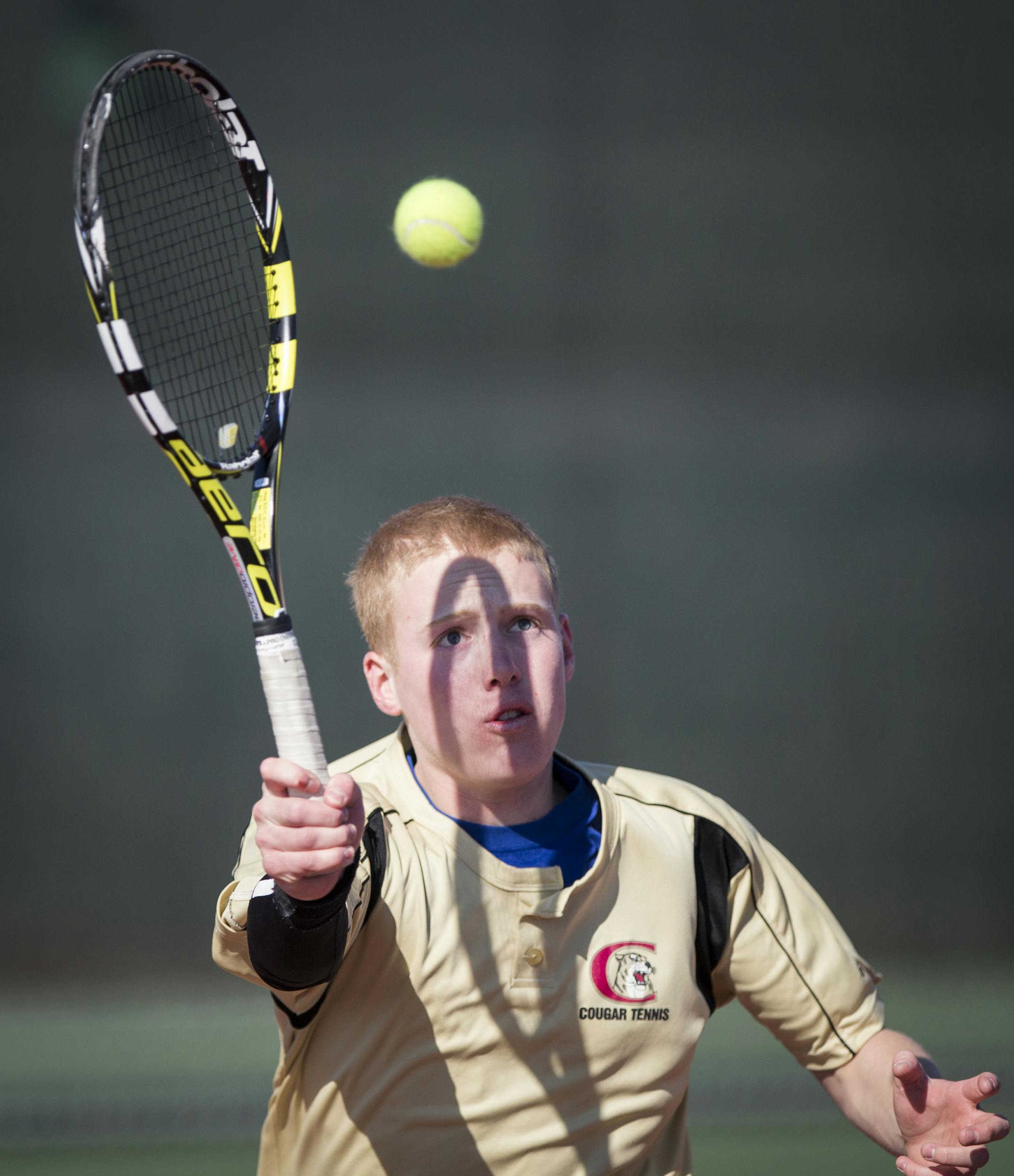 Lakeville South tennis player Chase Roseth hit the ball during a match against Northfield on Monday, April 11, 2016 in Lakeville, Minn. ] RENEE JONES SCHNEIDER * reneejones@startribune.com