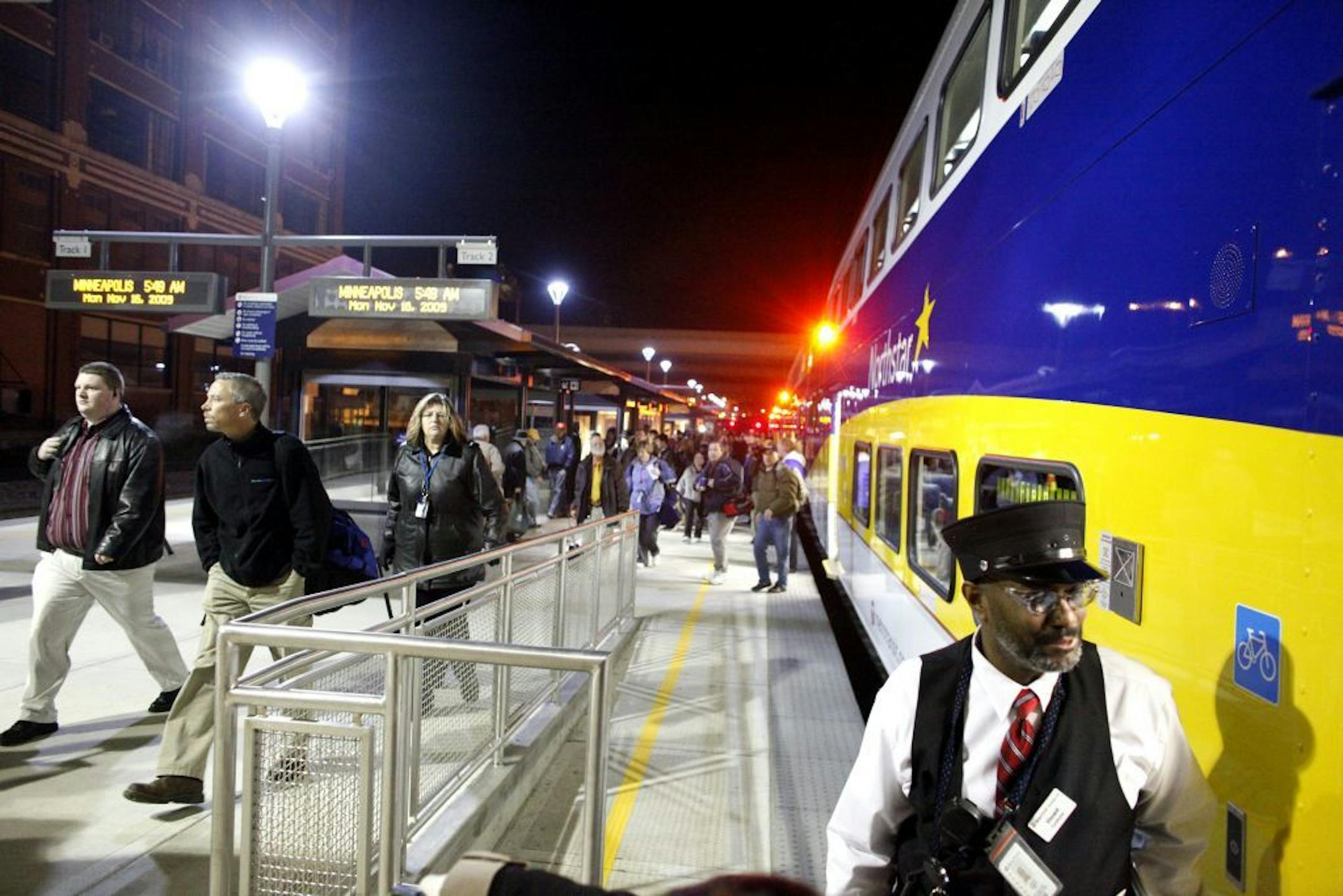 Conductor Vincent Roberts watched as the first Northstar commuter train arrived Monday morning at Target Field in downtown Minneapolis. The train left Big Lake at 5.am with about 120 passengers.