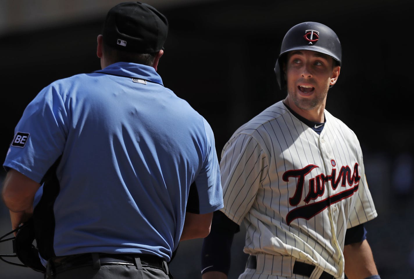 The Minnesota Twins' Jason Castro is not pleased with his called third strike against the Toronto Blue Jays at Target Field in Minneapolis on Wednesday, May 2, 2018. The Twins won, 4-0. (Richard Tsong-Taatarii/Minneapolis Star Tribune/TNS) ORG XMIT: 1230132