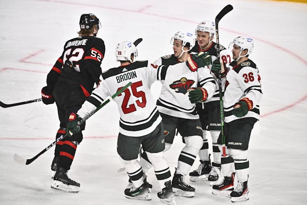 Jonas Brodin (25), one of the Wild’s four players from Sweden, was among those celebrating Marco Rossi’s goal during the game against Ottawa durin