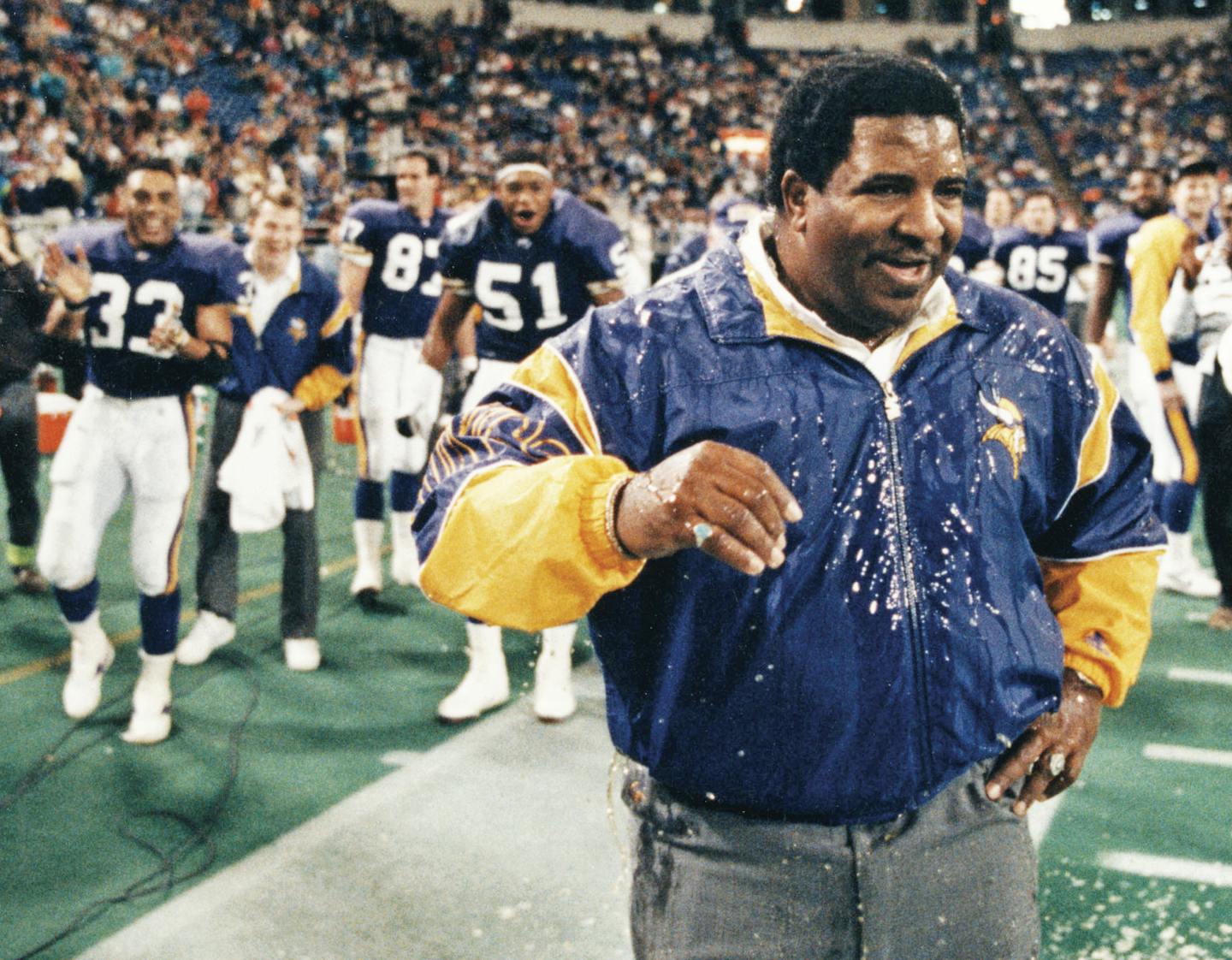 Minnesota Vikings coach Dennis Green is doused with Gatorade after a 27-7 victory over the Green Bay Packers at the Metrodome in Minneapolis, Sunday December 28, 1992. The Vikings wrapped up an 11-5 regular season in Green's first year as Vikings coach. Star Tribune photo by Brian Peterson.