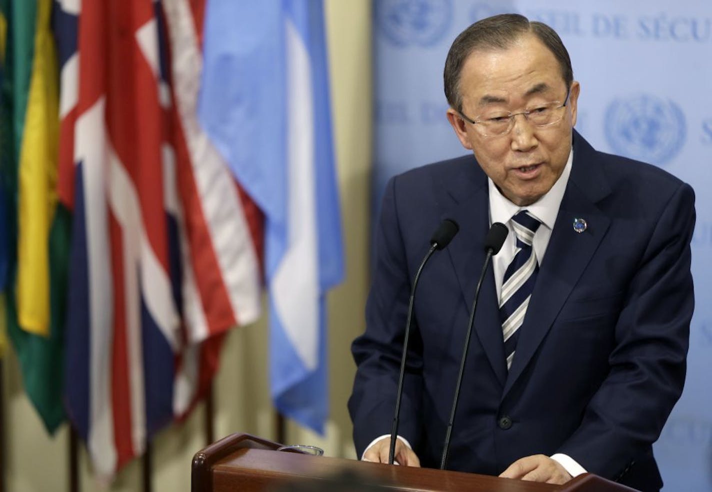 United Nations Secretary General Ban Ki-moon speaks to reporters after attending a Security Council meeting about Syria at United Nations headquarters, Monday, Sept. 16, 2013. U.N. inspectors said Monday there is "clear and convincing evidence" that chemical weapons were used on a relatively large scale in an attack last month in Syria that killed hundreds of people.