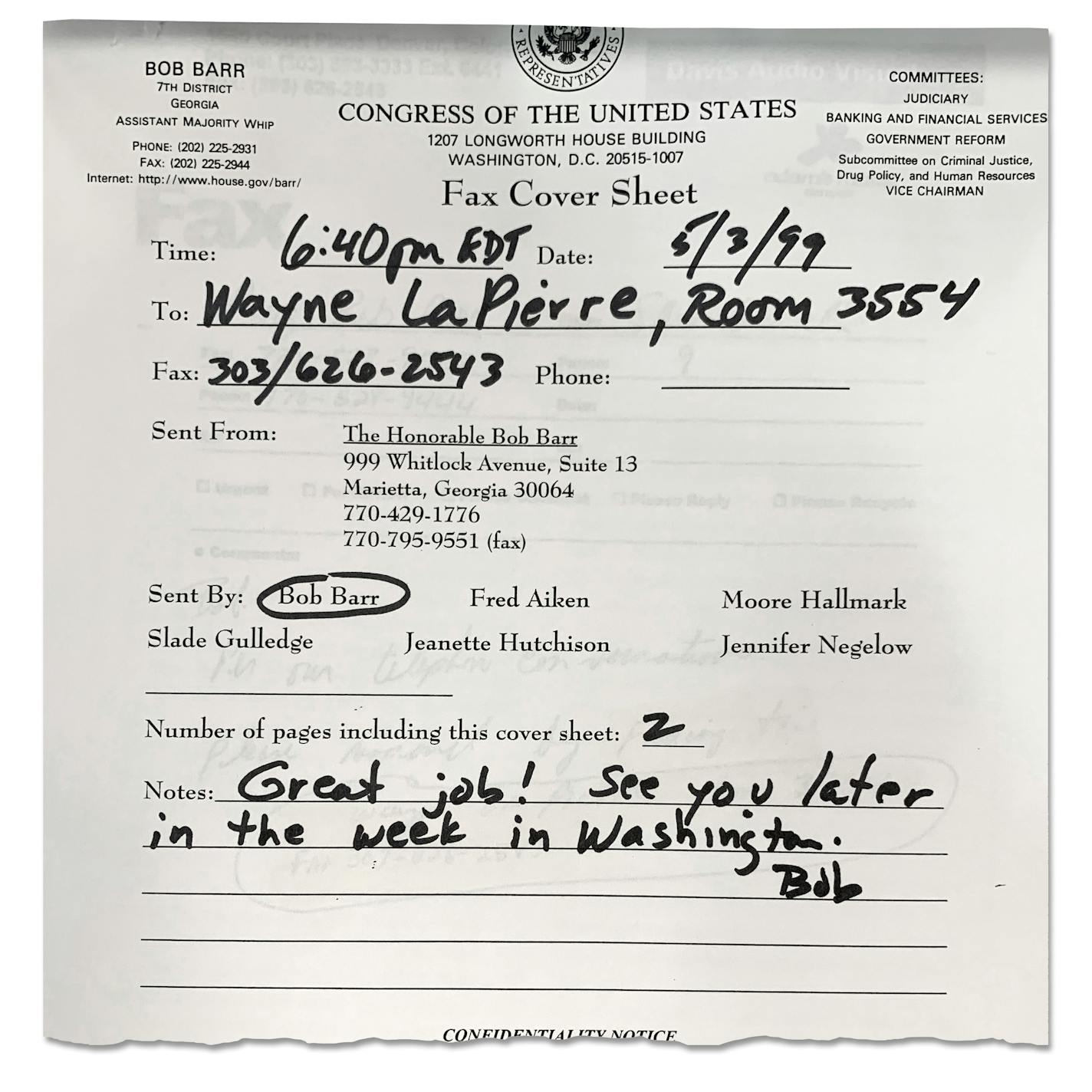 — EMBARGO: NO ELECTRONIC DISTRIBUTION, WEB POSTING OR STREET SALES BEFORE 3 A.M. ET ON SUNDAY, JULY 30, 2023. NO EXCEPTIONS FOR ANY REASONS — Rep. Bob Barr (R-Ga.) congratulated Wayne LaPierre on his speech at the N.R.A.'s Denver convention after the Columbine shooting. (The New York Times) — FOR EDITORIAL USE ONLY WITH NYT STORY SLUGGED NRA LAWMAKERS BY MIKE MCINTIRE FOR JULY 30, 2023. ALL OTHER USE PROHIBITED —