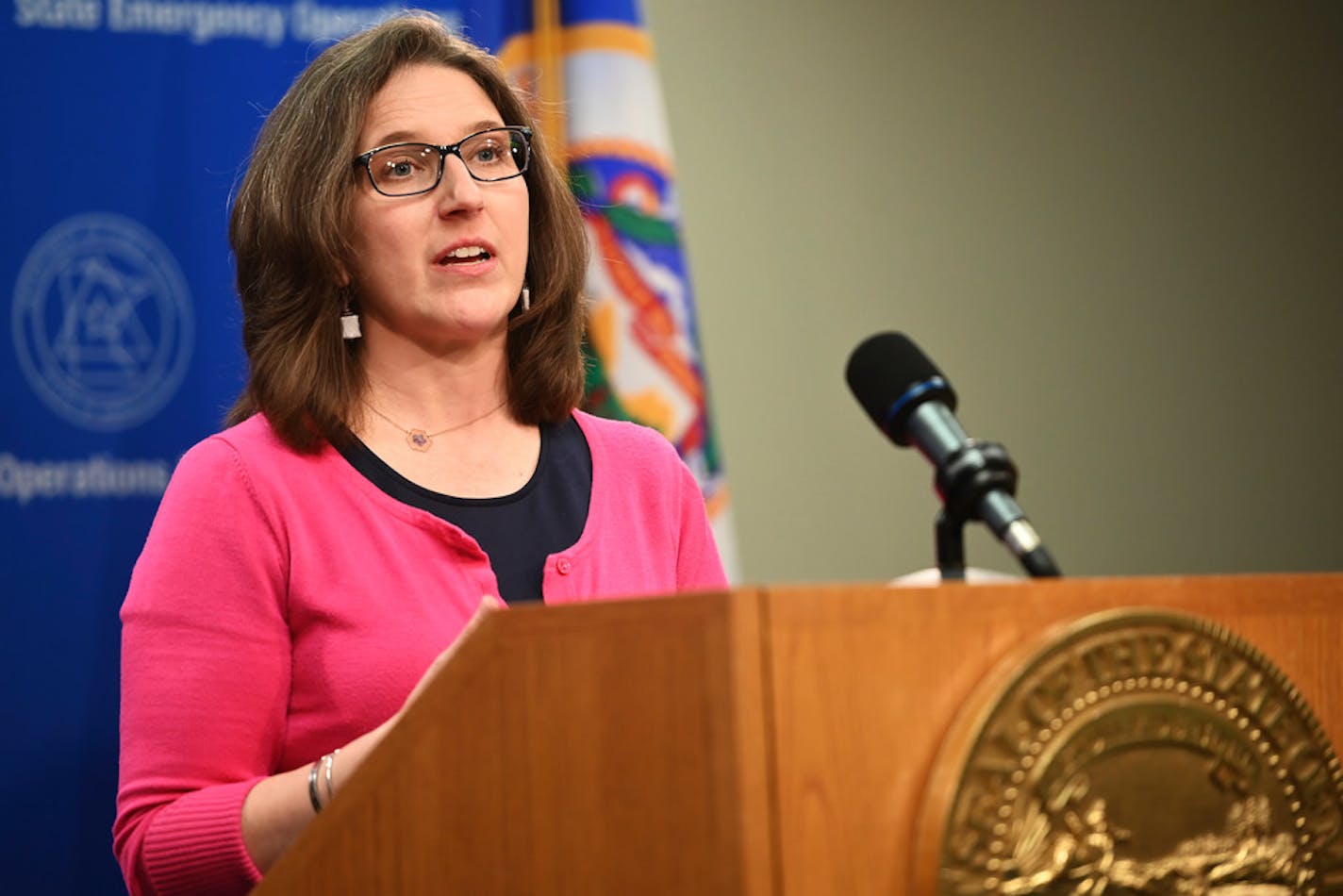 Minnesota Education Commissioner Mary Cathryn Ricker speaks during a news conference concerning the state's efforts against the new coronavirus, Thursday, April 23, 2020, in St. Paul, Minn.