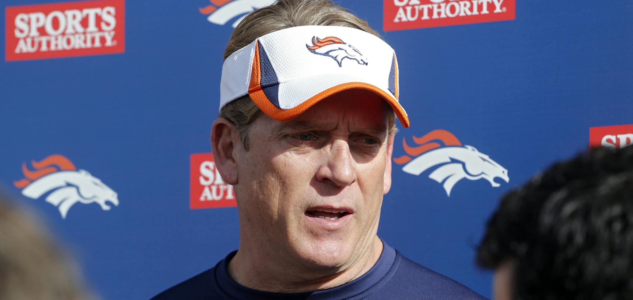 Denver Broncos defensive coordinator Jack Del Rio talks to the media after NFL football practice at the team's training facility in Englewood, Colo., on Thursday, Jan. 16, 2014. The Broncos are scheduled to host the New England Patriots on Sunday for the AFC championship. (AP Photo/Ed Andrieski) ORG XMIT: MIN2014011617021771