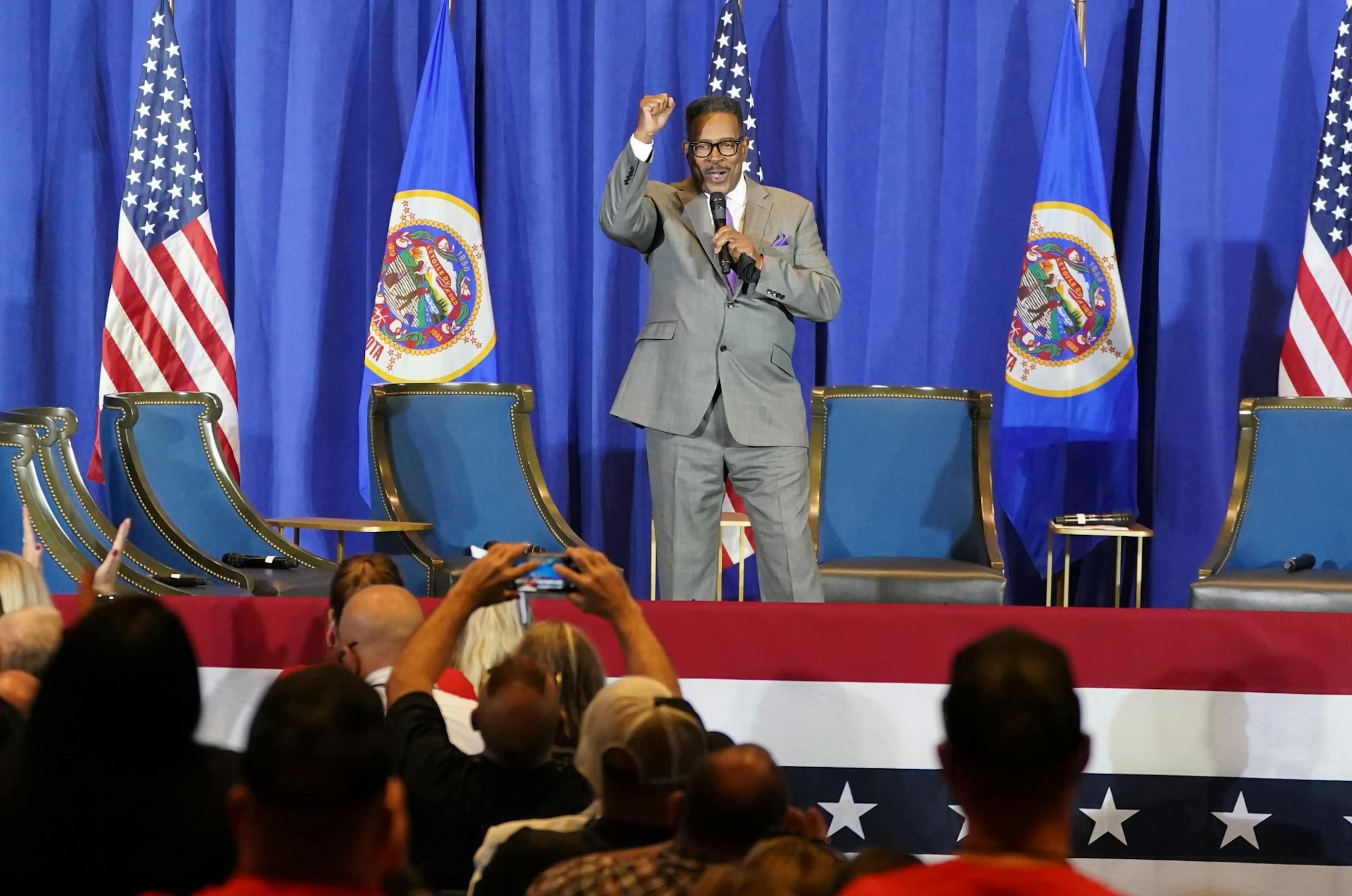 Republican candidate Lacy Johnson spoke to the crowd before Vice President Mike Pence and Ivanka Trump held a 'Cops for Trump' listening session in Minneapolis.