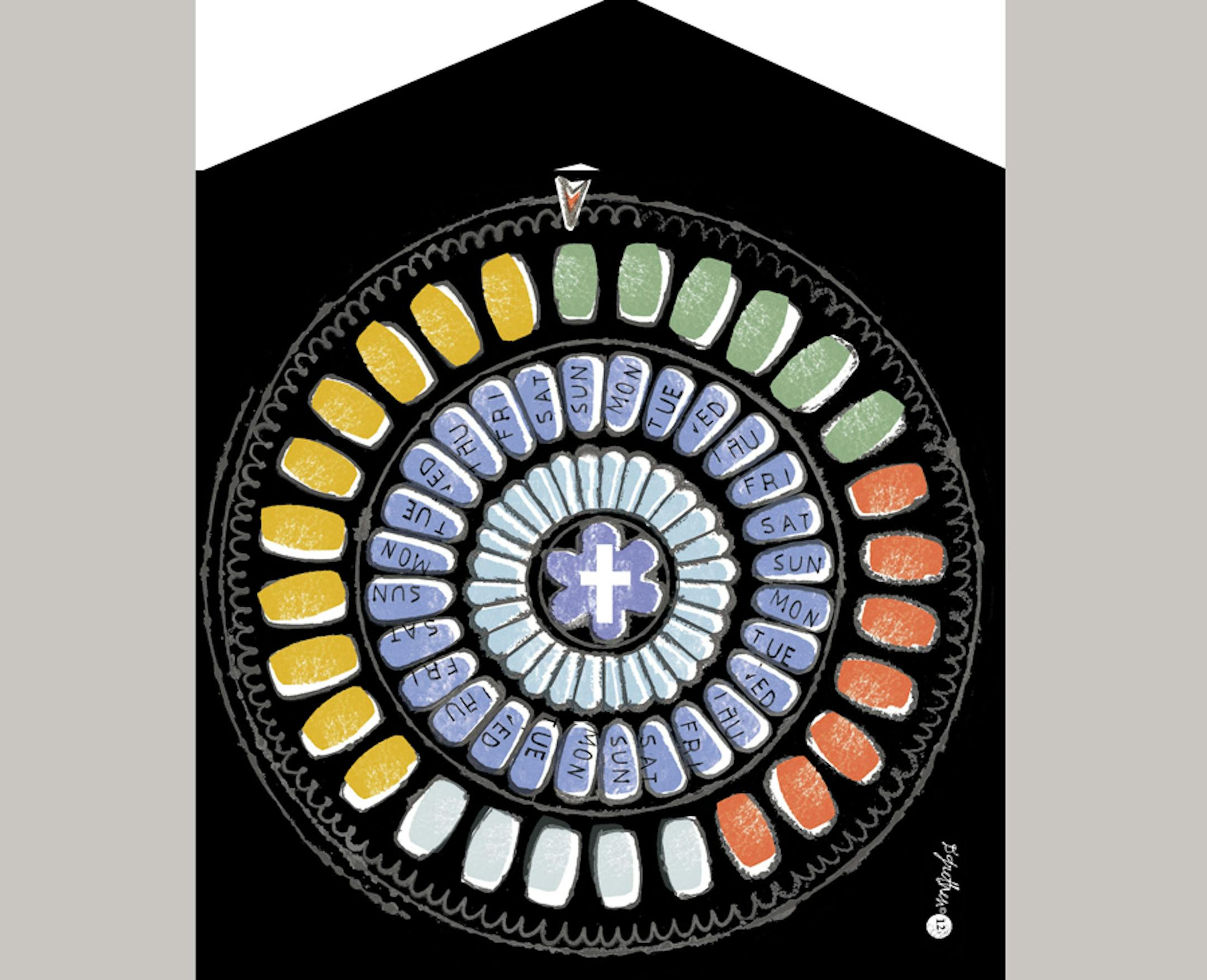 Illusbration by Donna Grethen relates to the Catholic Church and contraception.