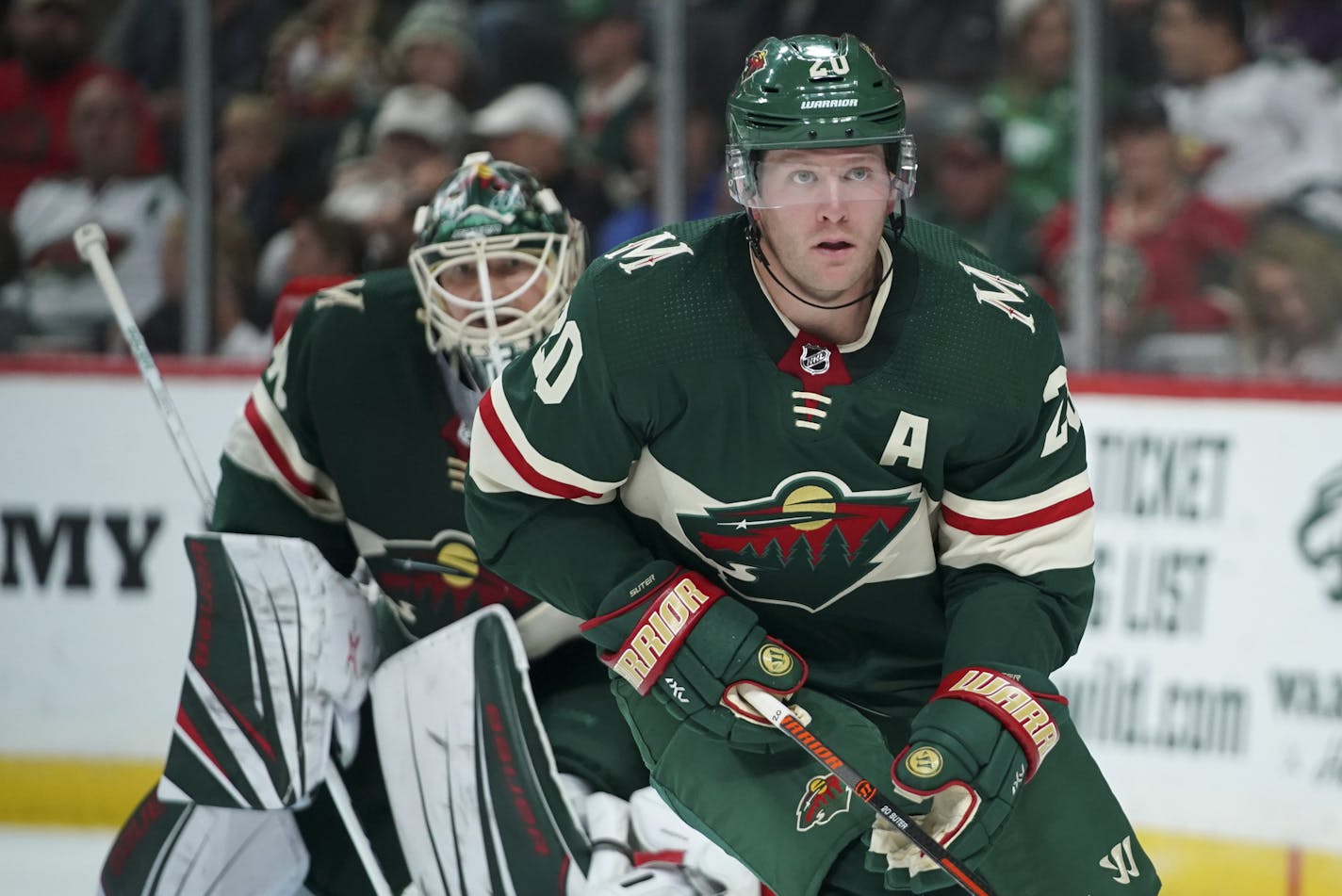 Minnesota Wild defenseman Ryan Suter (20) tracked the play from in front of Minnesota Wild goaltender Devan Dubnyk in the second period. ] JEFF WHEELER &#xef; jeff.wheeler@startribune.com The Minnesota Wild faced the Winnipeg Jets in an NHL preseason hockey game Wednesday night, September 26, 2018 at Xcel Energy Center in St. Paul.