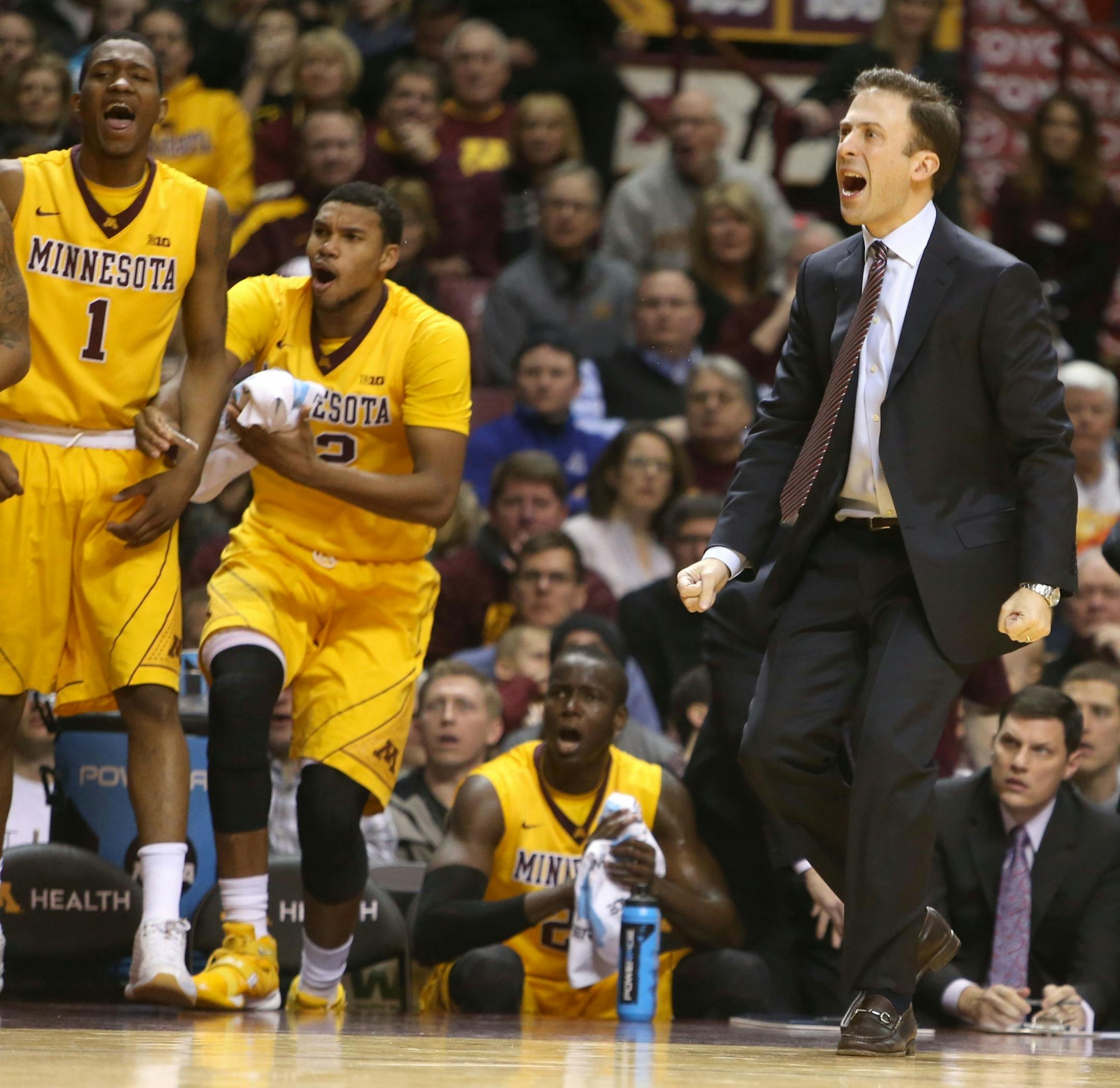 University of Minnesota coach Richard Pitino is unhappy about a foul call against the University of Indiana during the first half of the Gophers 70-63 loss Saturday, Jan. 16, 2016, at Williams Arena in Minneapolis, MN.