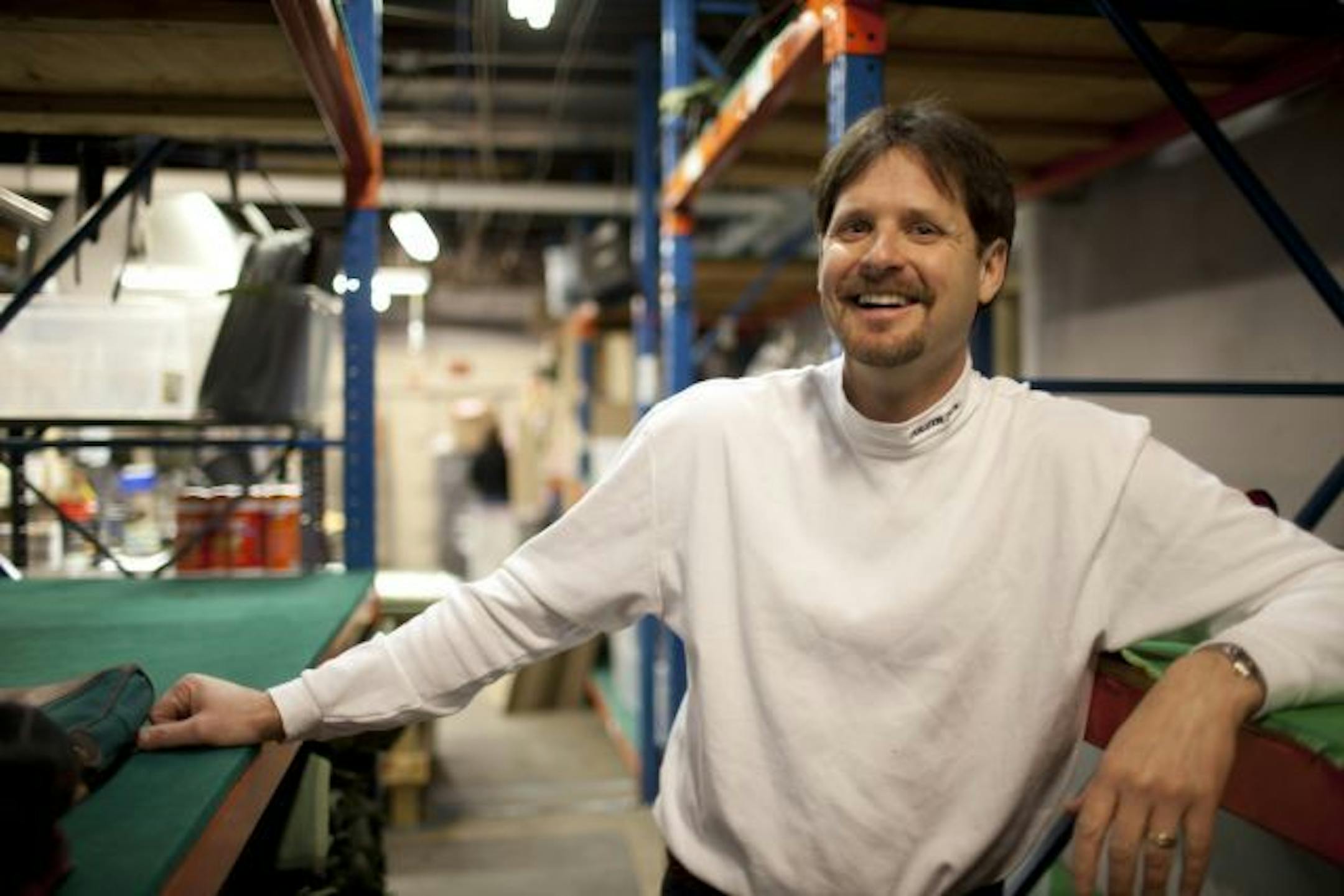 Duluth Pack Co. President Tom Sega in his factory's stock room last week.