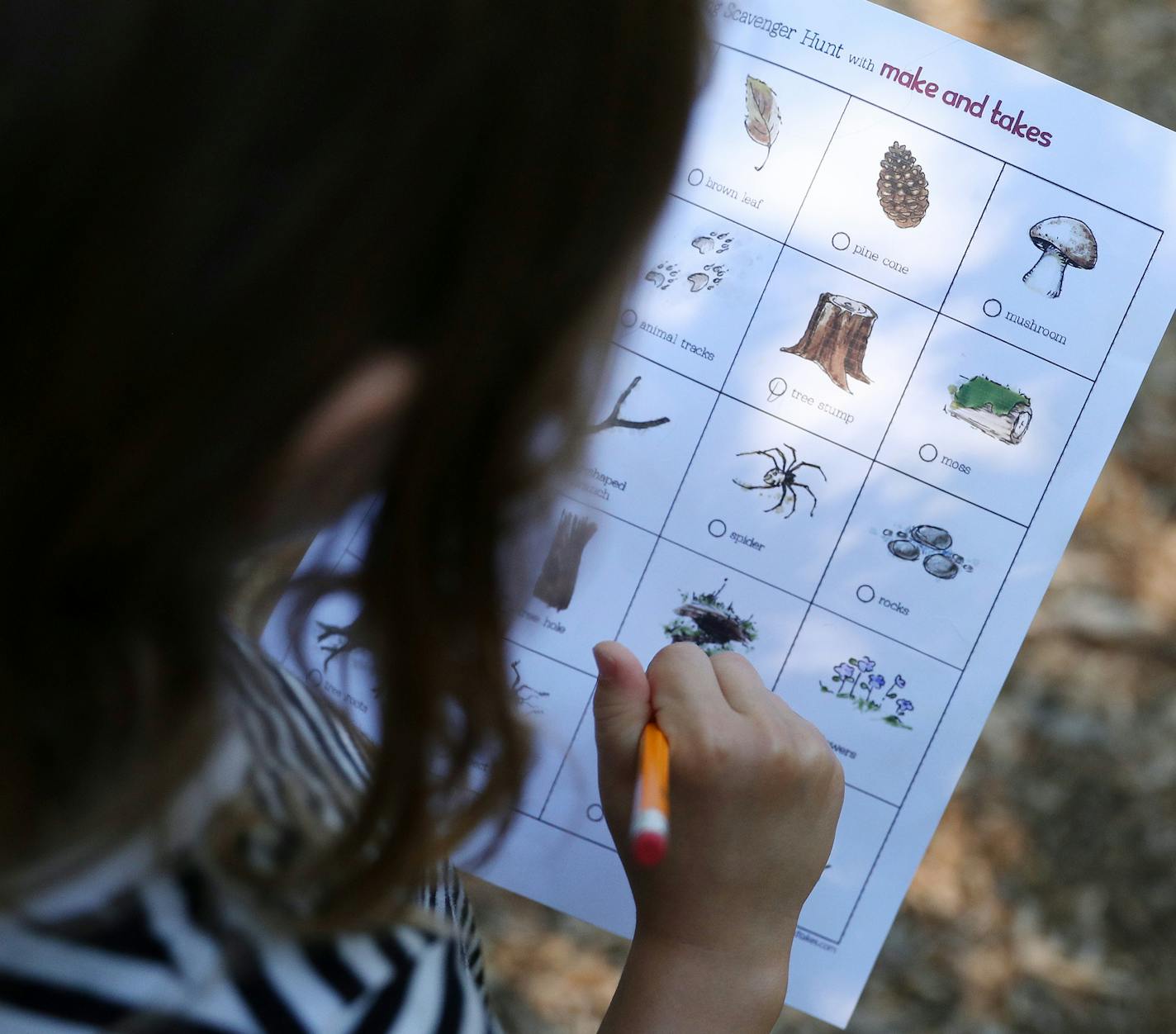 Children were given a scavenger hunt list for their nature hike sponsored by L.L. Bean Saturday at the Richardson Nature Center in Bloomington. ] ANTHONY SOUFFLE &#xef; anthony.souffle@startribune.com L.L. Bean sponsors free outdoors activities for kids and families including a hike Saturday, July 8, 2017 at the Richardson Nature Center in Bloomington, Minn.