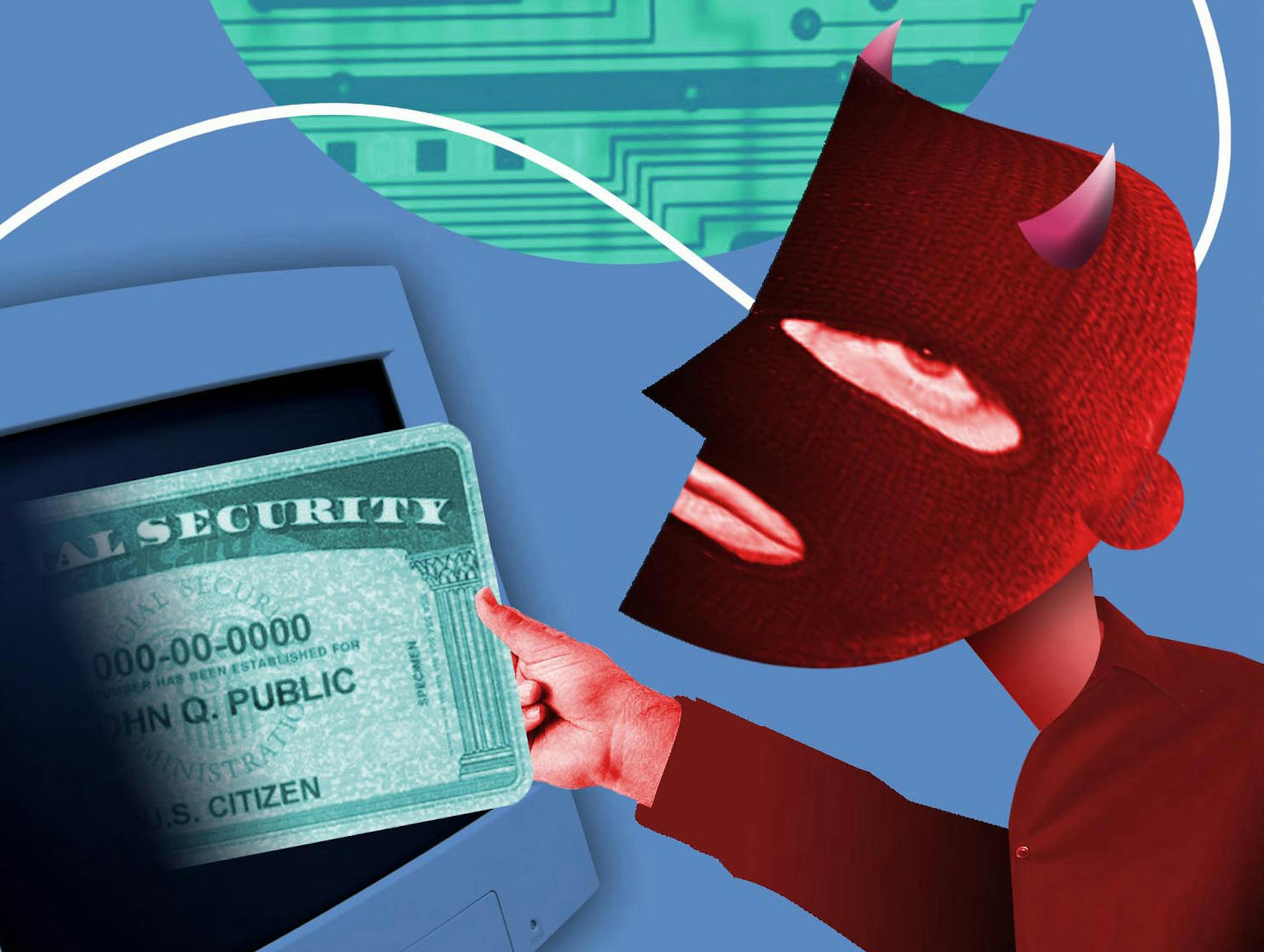 300 dpi Rick Nease color illustration of a person with a devil mask using a computer to steal someone's social security information and identity. Detroit Free Press 2011<p> 02000000; 04000000; CLJ; FIN; krtbusiness business; krtcampus campus; krtcrime crime; krtnational national; krtnews; krtworld world; krt; mctillustration; 04006018; 04008020; 04019000; credit; krtfinance finance; krtfinancialservice financial services; krtintlbusiness; krtmacroecon macroeconomics macro economics; krtnamer nor