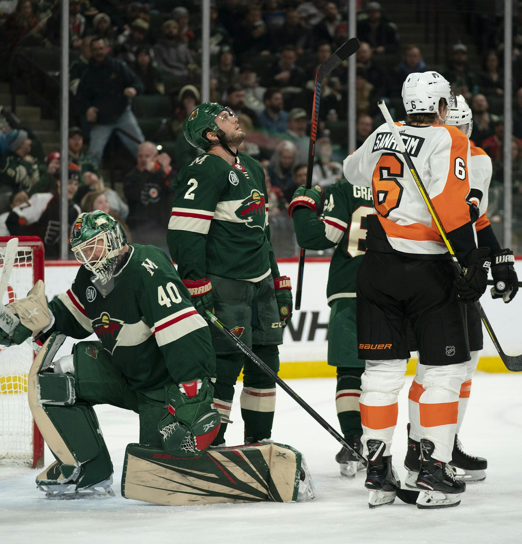 Minnesota Wild goaltender Devan Dubnyk (40) after he gave up the game tying goal to Philadelphia Flyers center Sean Couturier in the second period. ] JEFF WHEELER &#x2022; jeff.wheeler@startribune.com The Minnesota Wild faced the Philadelphia Flyers in an NHL hockey game Tuesday night, February 12, 2019 at Xcel Energy Center in St. Paul.