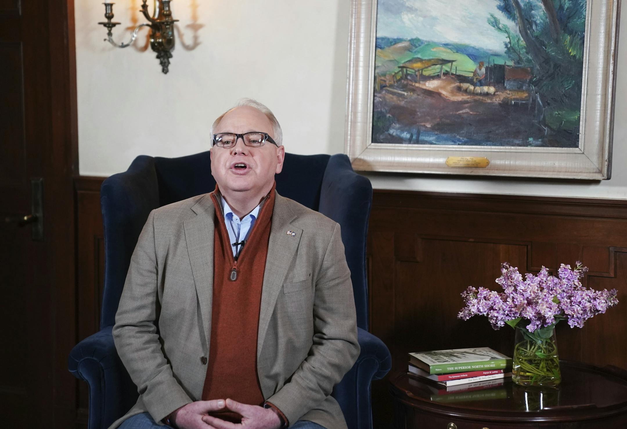 Minnesota Gov. Tim Walz delivers his delayed State of the State address over YouTube from his residence in St. Paul, Minn., Sunday, April 5, 2020. (Glen Stubbe/Star Tribune via AP, Pool)