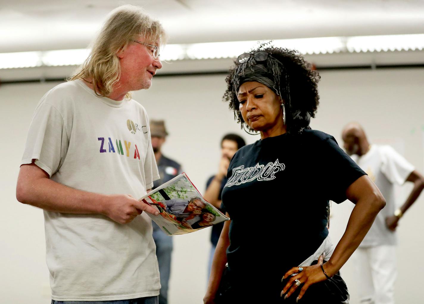 Cast members rehearse for "Home Street Home," a show that features currently and formerly homeless actors Saturday, Aug. 27, 2016, at St. Stephen's in Minneapolis, MN. Here, Arminta Wilson, right to left, and Richard Brinda, during rehearsals.](DAVID JOLES/STARTRIBUNE)djoles@startribune Theater artists Maren Ward and Leah Nelson are working with the homeless at St. Stephen's Church in Minneapolis to develop a show for the Guthrie.**Richard Brinda, Arminta Wilson, cq