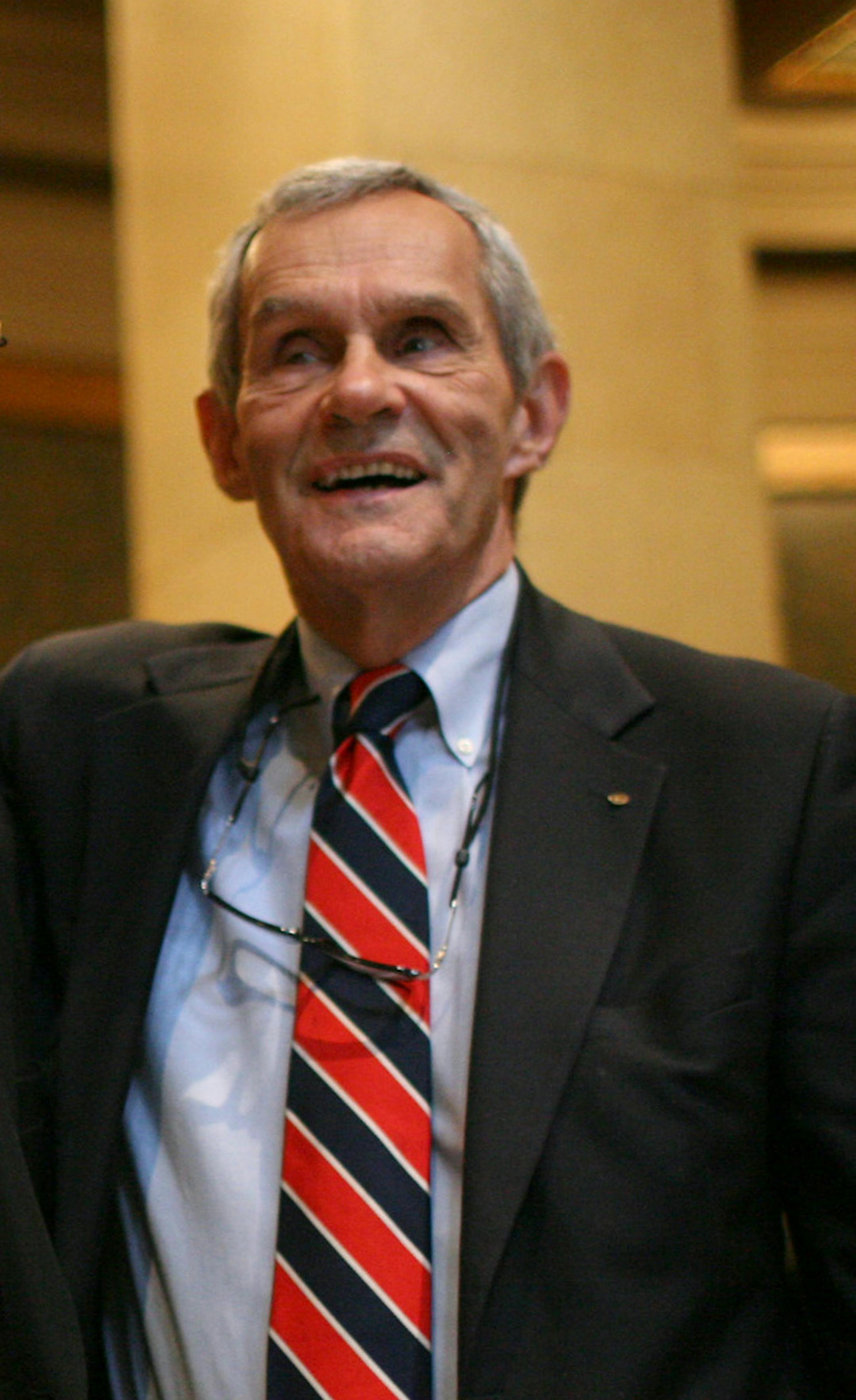 JEFF WHEELER ï jwheeler@startribune.com ST. PAUL - 2/25/08 - The Minnesota House of Representatives overrode the governor's veto of the transportation bill with a 91 - 41 vote Monday afternoon. IN THIS PHOTO: ] Representatives Bernie Lieder of Crookston, left, and Ron Erhardt of Edina after Erhardt broke from the Republican ranks and voted to override the governor's veto of the transportation funding bill Monday. Erhardt was stripped of his committee leadership by House Minority Leader Mart