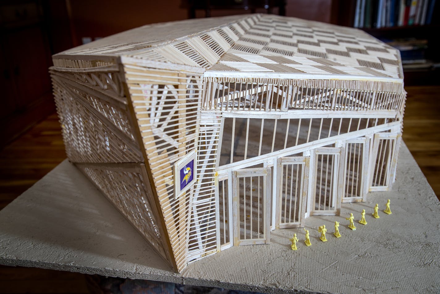 A wooden model of US Bank Stadium built by Gregory Kelly of Minneapolis. Kelley spent about 400 hours of work over 7 months using about 6,400 toothpicks, 3 8-ounce bottles of glue. The dimensions are approximately 4 feet long, 3 feet wide, 1.5 feet tall.