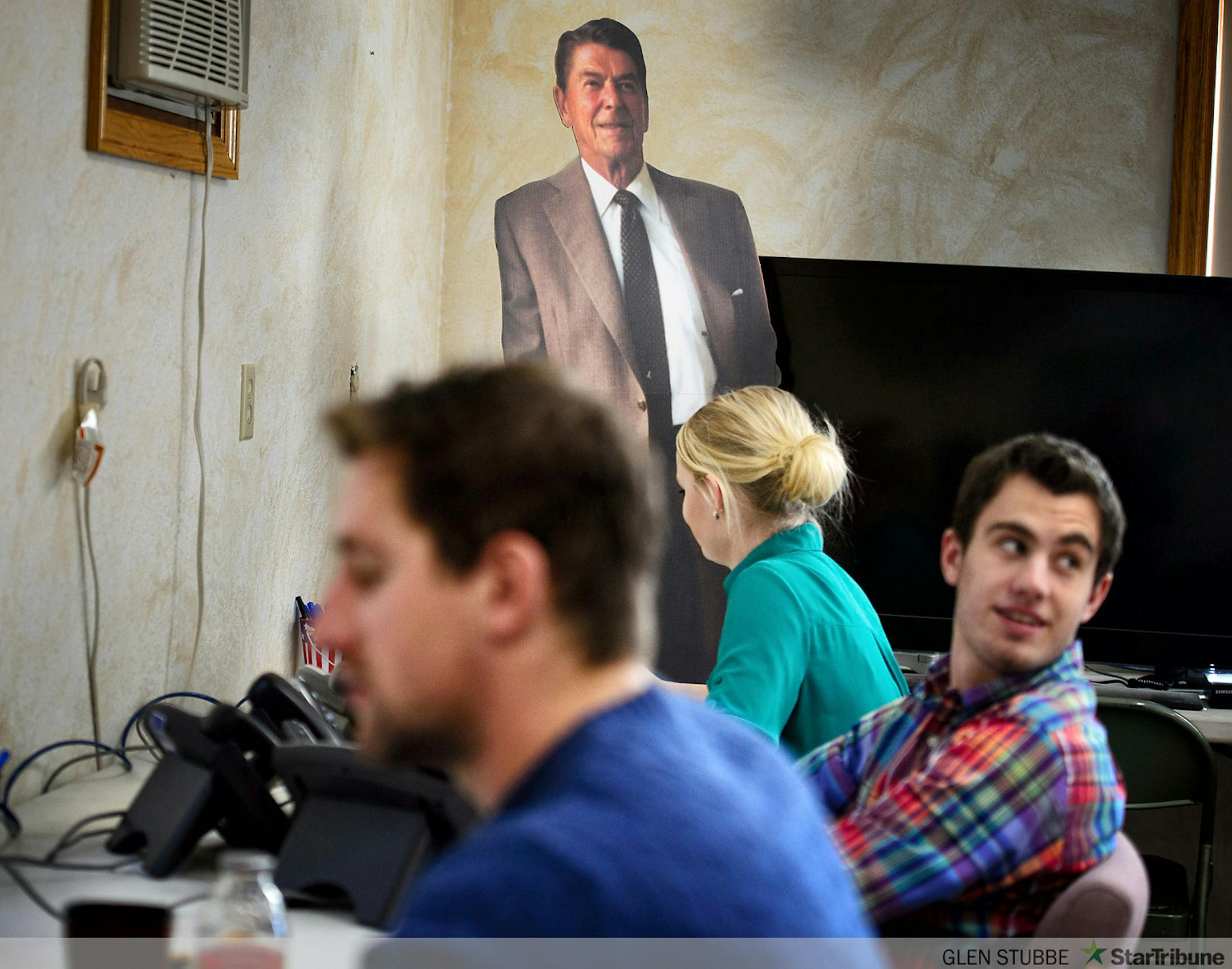Volunteers worked the phones for GOP candidates in the Duluth GOP Victory Office before Stewart Mills appearance.     ]   GLEN STUBBE * gstubbe@startribune.com  Friday, October 31, 2014