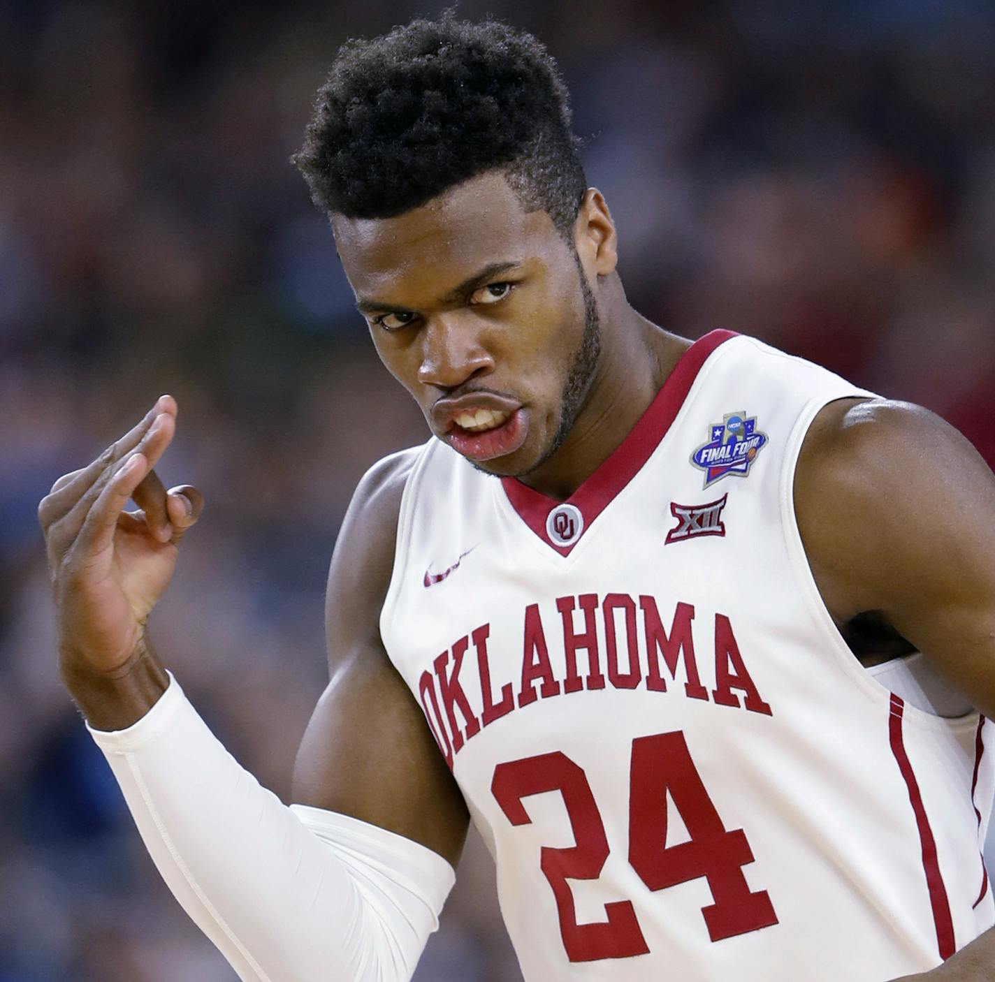 FILE - This April 2, 2016 file photo shows Oklahoma's Buddy Hield reacting to a three point basket during the first half of the NCAA Final Four tournament college basketball semifinal game against Villanova in Houston. Hield is expected to be one of the top upperclassmen selected in the NBA draft on Thursday, June 23, 2016. (AP Photo/Eric Gay, file) ORG XMIT: NY152