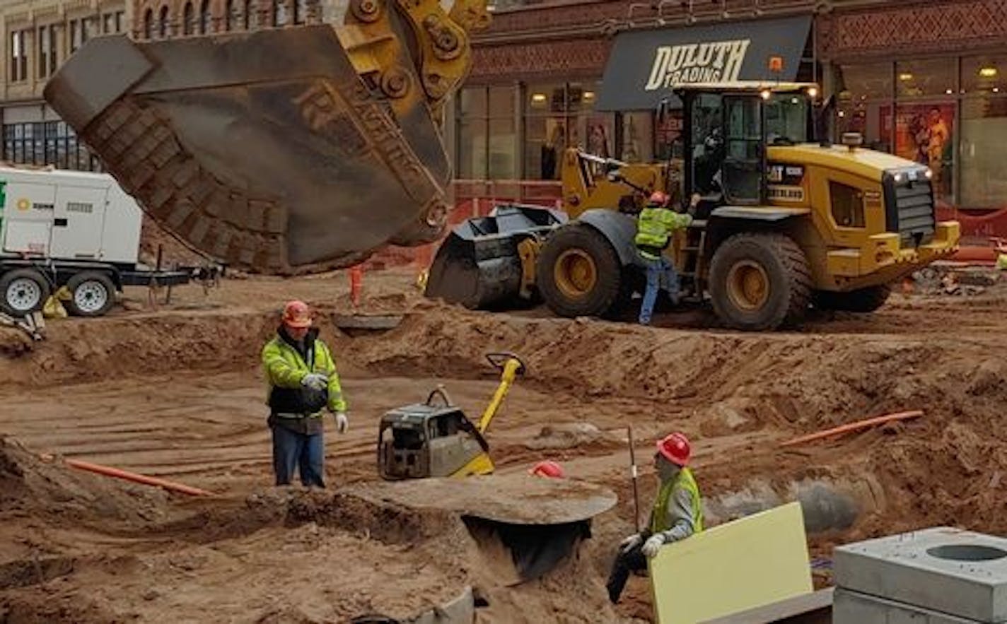 Construction continues on East Superior Street in downtown Duluth last week. Construction, mining and logging jobs in the region were up 3.5% over last year, according to state data released Tuesday. ORG XMIT: MIN1910151207455778