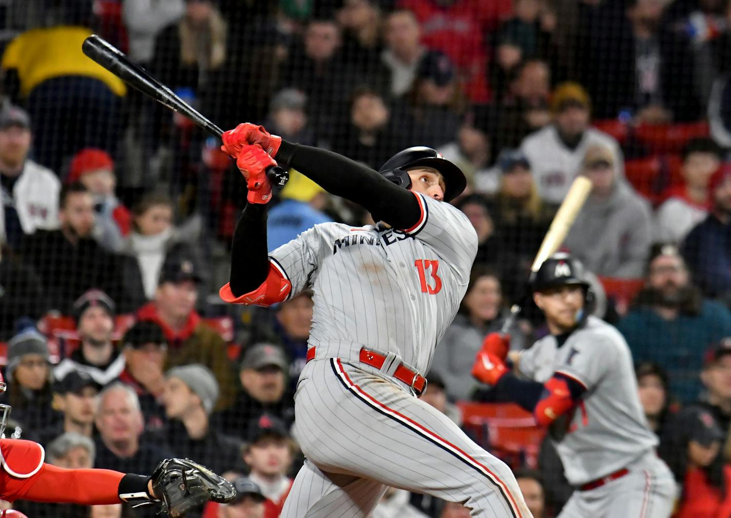 Joey Gallo watches his home run in the third inning Wednesday night at Fenway Park, a three-run shot