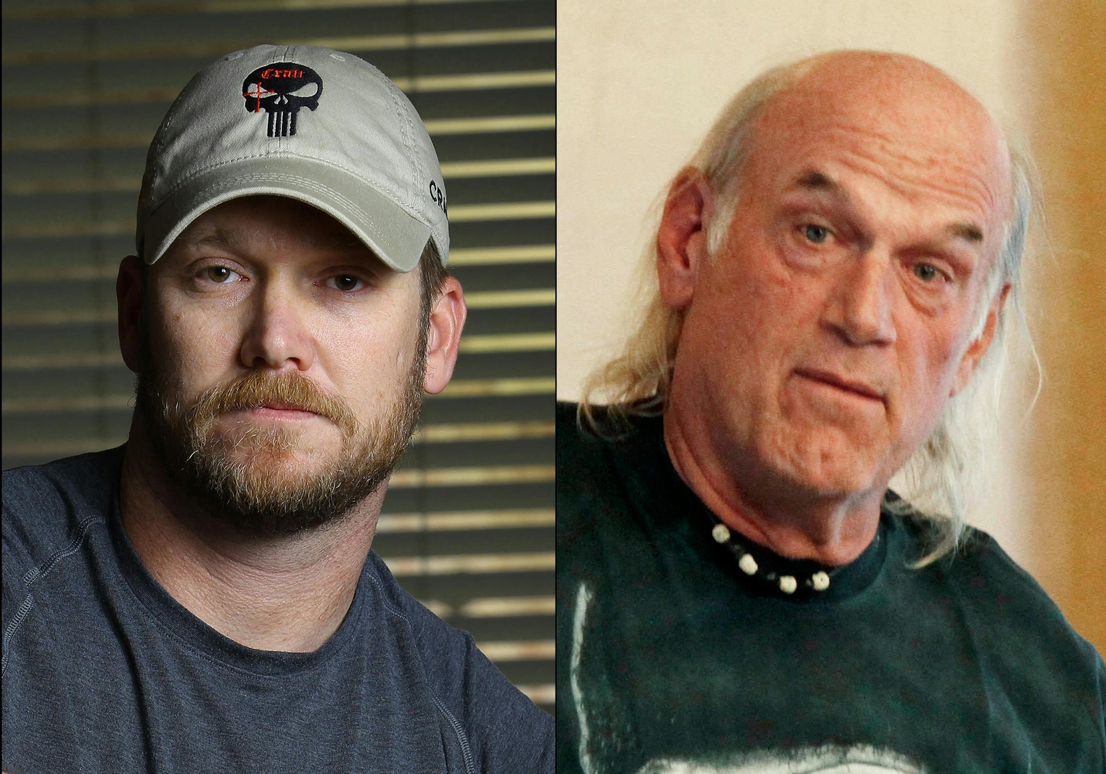 This combination of file photos shows Chris Kyle, left, former Navy SEAL and author of the book ìAmerican Sniper,î on April 6, 2012, and former Minnesota Gov. Jesse Ventura, right, on Sept. 21, 2012. Ventura asked a judge Monday, June, 17, 2013, to allow his defamation lawsuit against the slain author to go forward by substituting Kyleís widow as the defendant. In part of the book, Kyle claims he decked Ventura in 2006 over unpatriotic remarks he says Ventura made. Ventura says th