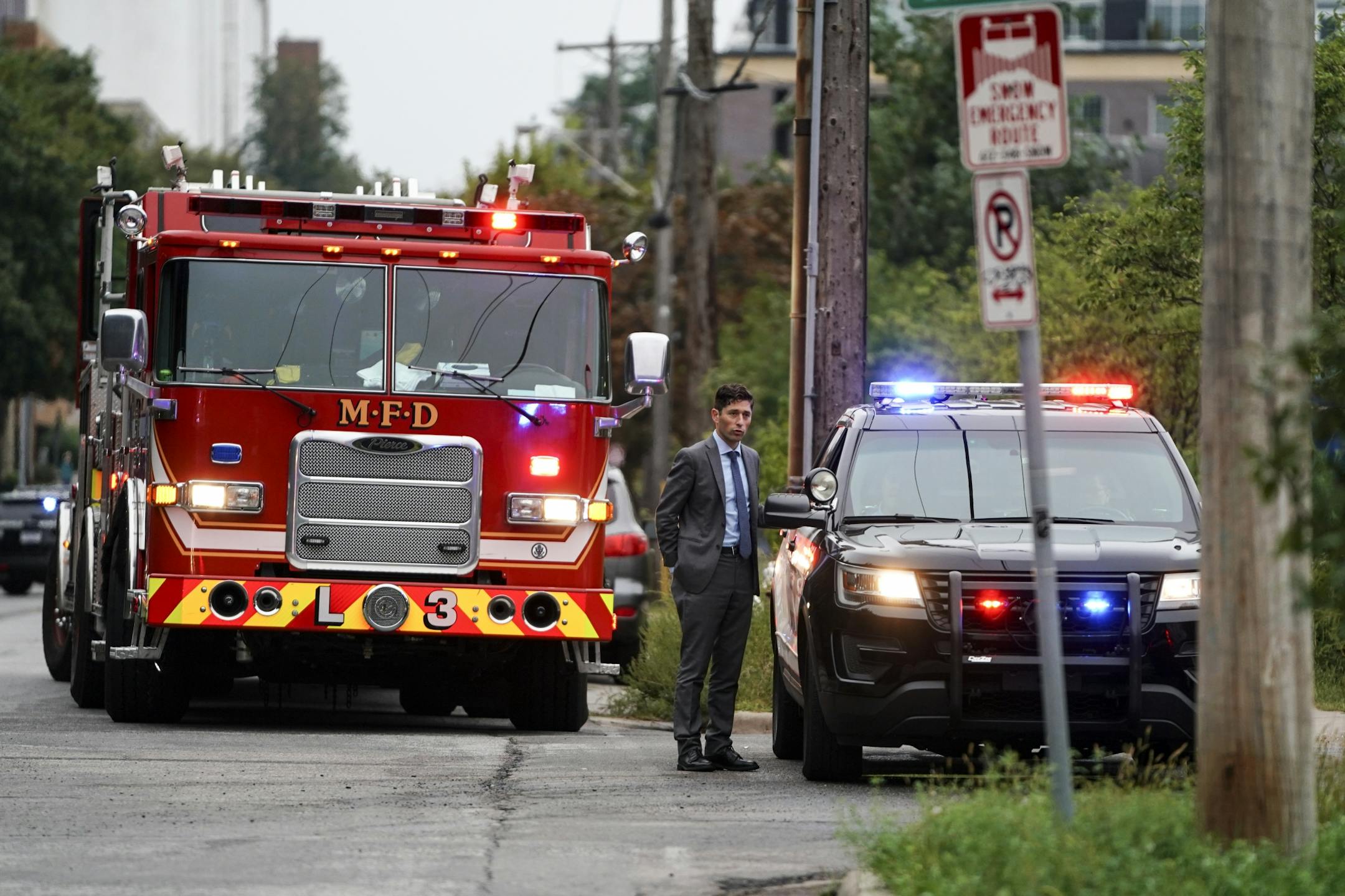 Minneapolis Mayor Jacob Frey arrived near the scene of a fire and explosion at Metal-Matic Wednesday afternoon.