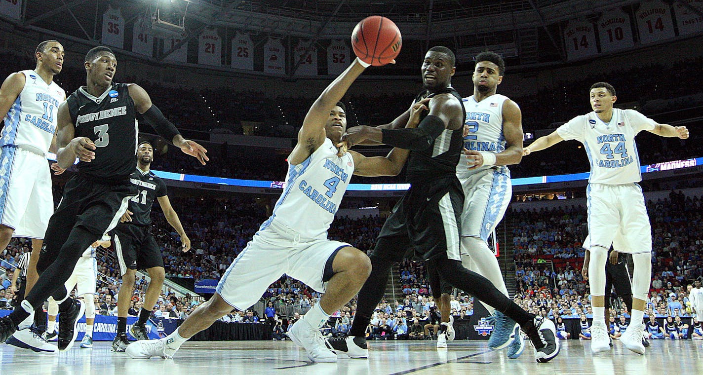 Providence&#x2019;s Ben Bentil, center, saw his sophomore season end in the second round of the NCAA tournament with an 85-66 loss to eventual national runner-up North Carolina. Whether or not Bentil returns for his junior year will depend on where NBA evaluators believe he would get selected were he to keep his name in the upcoming NBA draft.