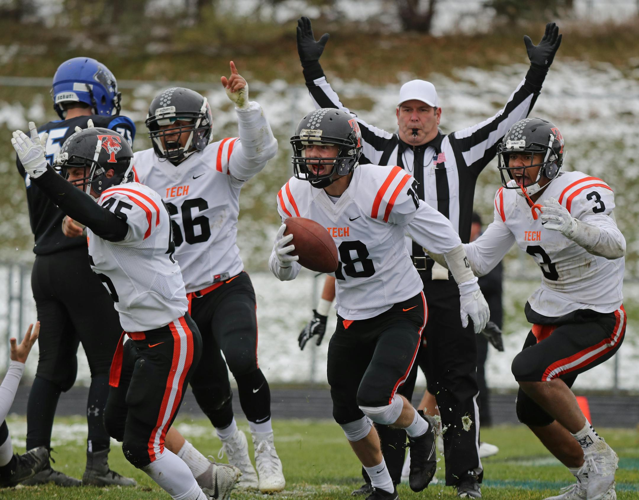 St. Cloud Tech celebrated after a sack of the Rogers quarterback ended in a recovery for a touchdown. ] Shari L. Gross ï shari.gross@startribune.com St. Cloud Tech defeated Rogers 40-14 to advance to 5A Section Championship