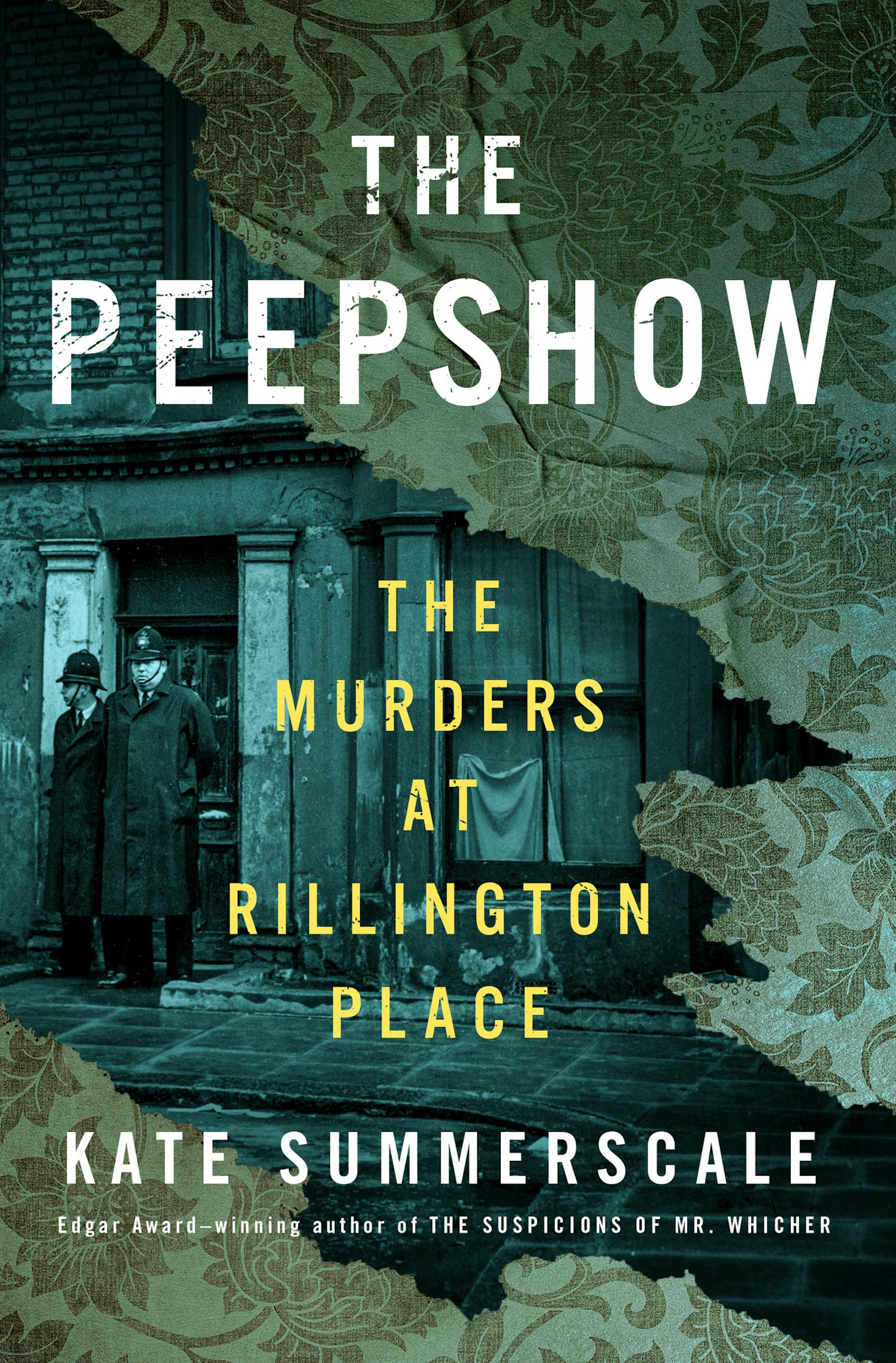 cover of The Peepshow features a crime scene photo and ripped wallpaper