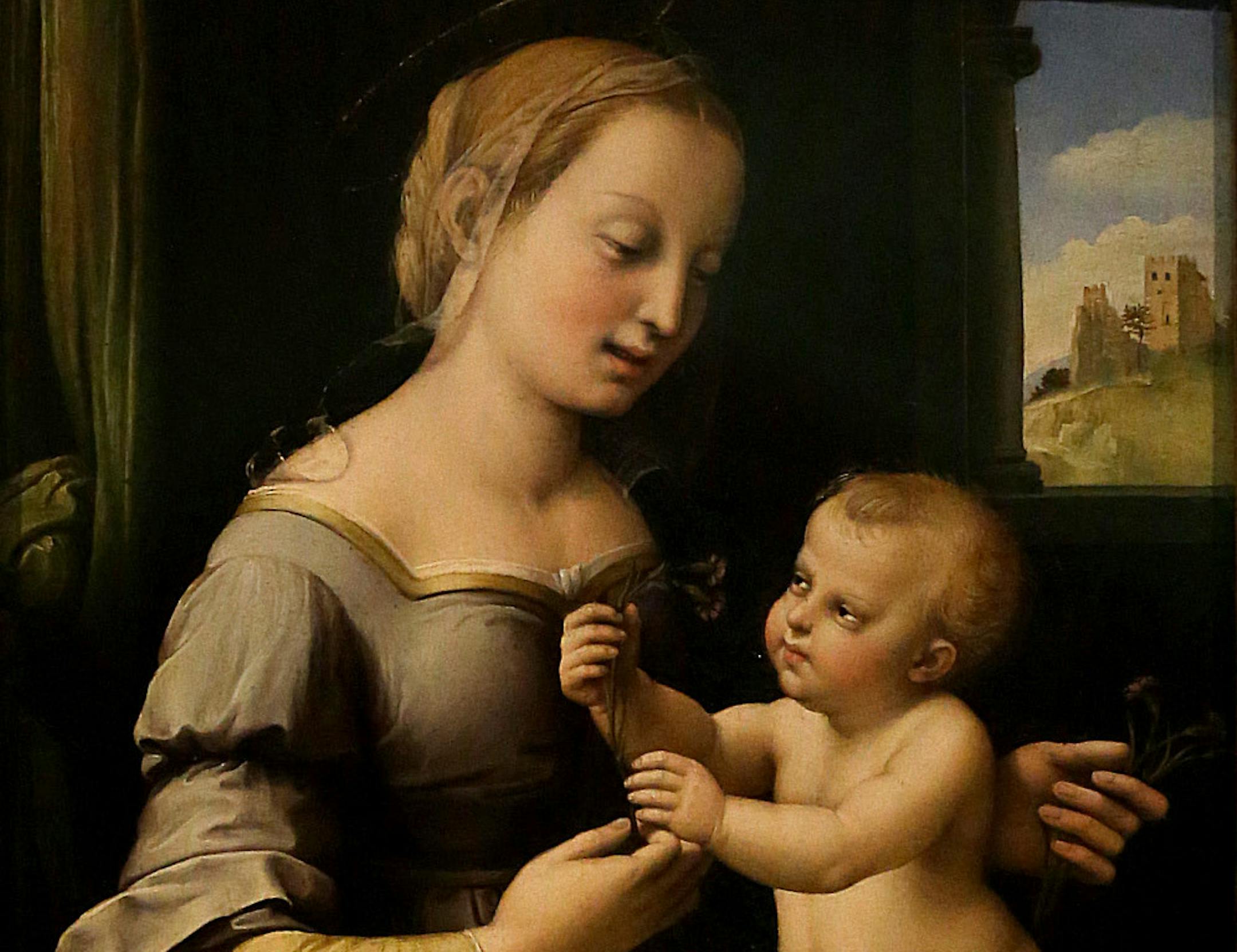 Detail from Raphael's "Madonna of the Pinks," a $50 million painting on loan to the Minneapolis of Arts from the National Gallery in London.