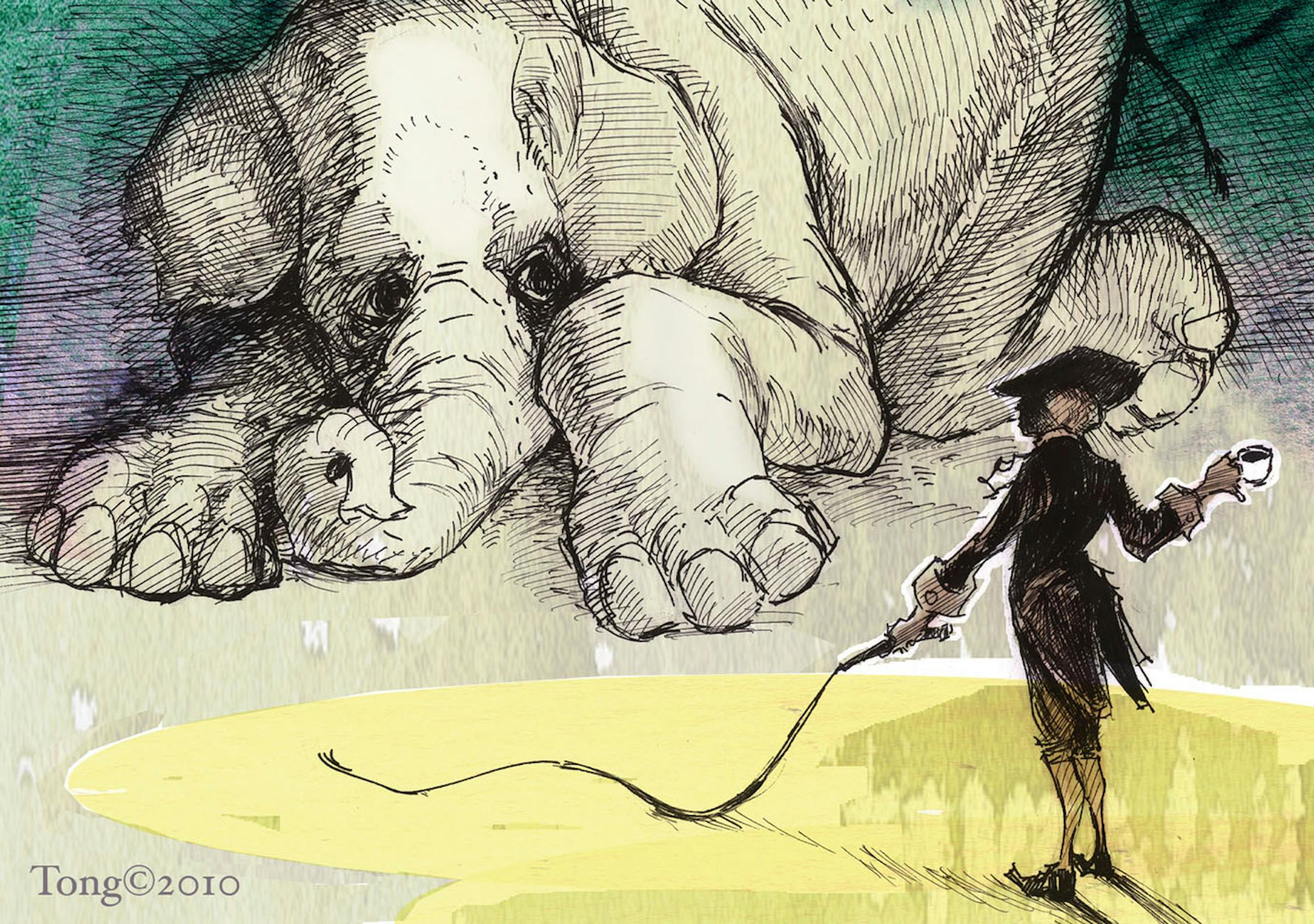 This artwork by Paul Tong relates to the tea party and its relationship to the Republicans.