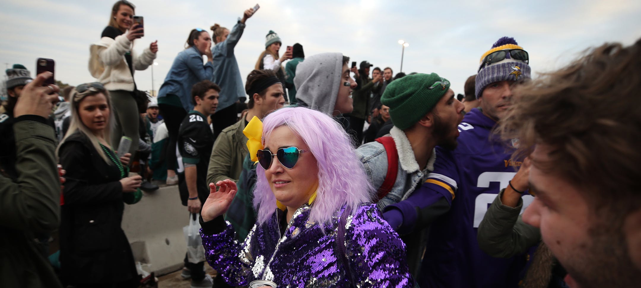 Vikings fan Molly Kreyer, of Prior Lake, walked through a crowd of hostile Eagle fans before kickoff of the NFC Championship game at Lincoln Financial Field January 21, 2017 in Philadelphia, PA] JERRY HOLT ï jerry.holt@startribune.com