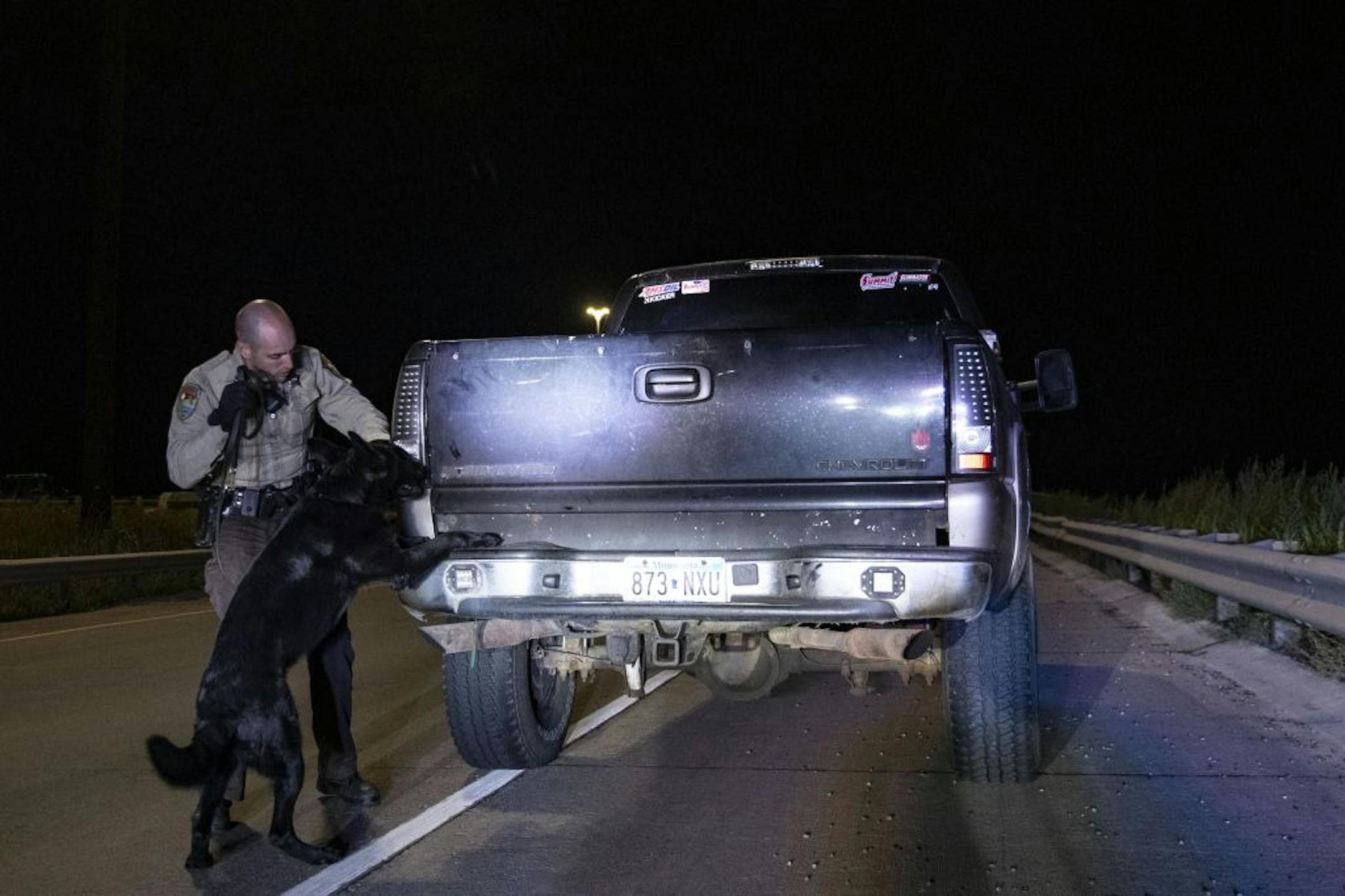 Deputy Ben Fye from the St. Louis County Sheriff's Office brought out his all purpose dog, K9 Diesel, to sniff around a pickup truck. Dayshift officers from the Duluth Police Department received intel early on Wednesday that a pickup truck matching this description and license plate would be transporting crystal meth later that night. Approximately one pound of meth was found in the truck.