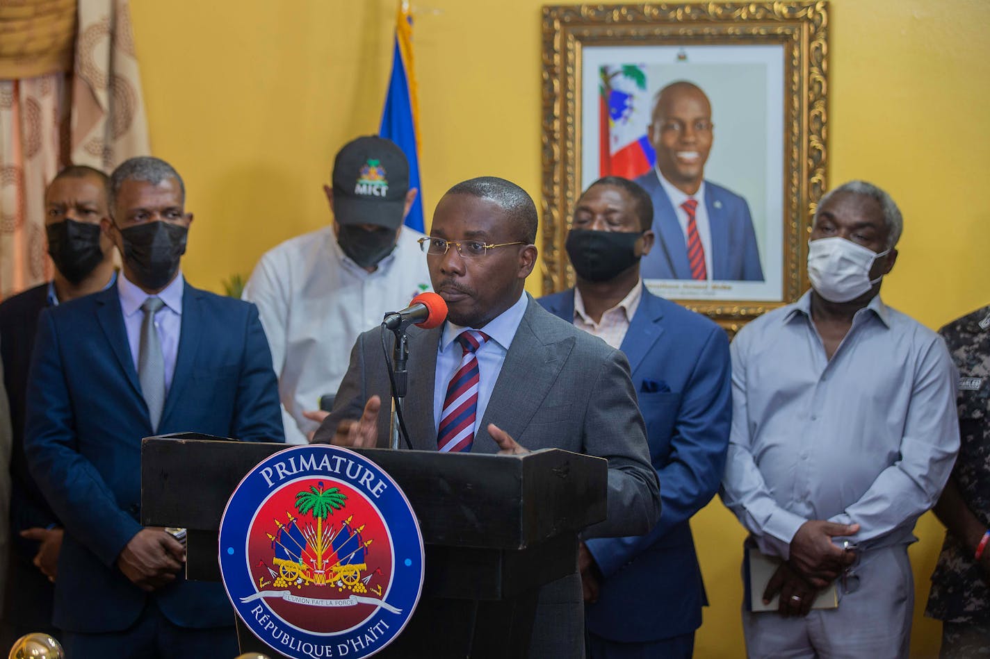 Prime Minister Claude Joseph speaks during a news conference at his residence on July 8, 2021 in Port-au-Prince, Haiti. (Richard Pierrin/Getty Images/TNS) ORG XMIT: 21264811W