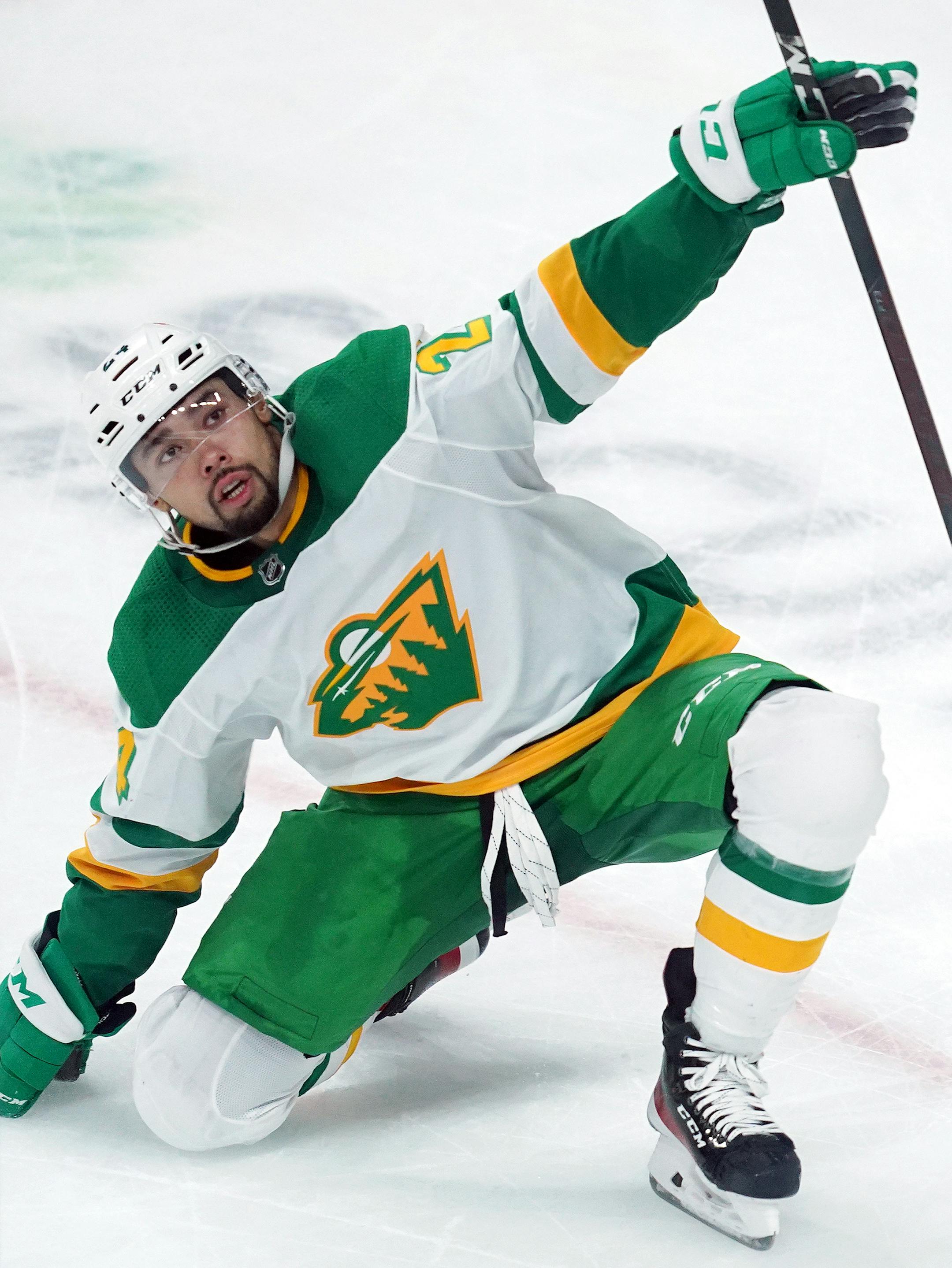 Minnesota Wild defenseman Matt Dumba (24) celebrated after he scored the game winning goal past Los Angeles Kings goaltender Calvin Petersen (40) in overtime Saturday. ] ANTHONY SOUFFLE • anthony.souffle@startribune.com
